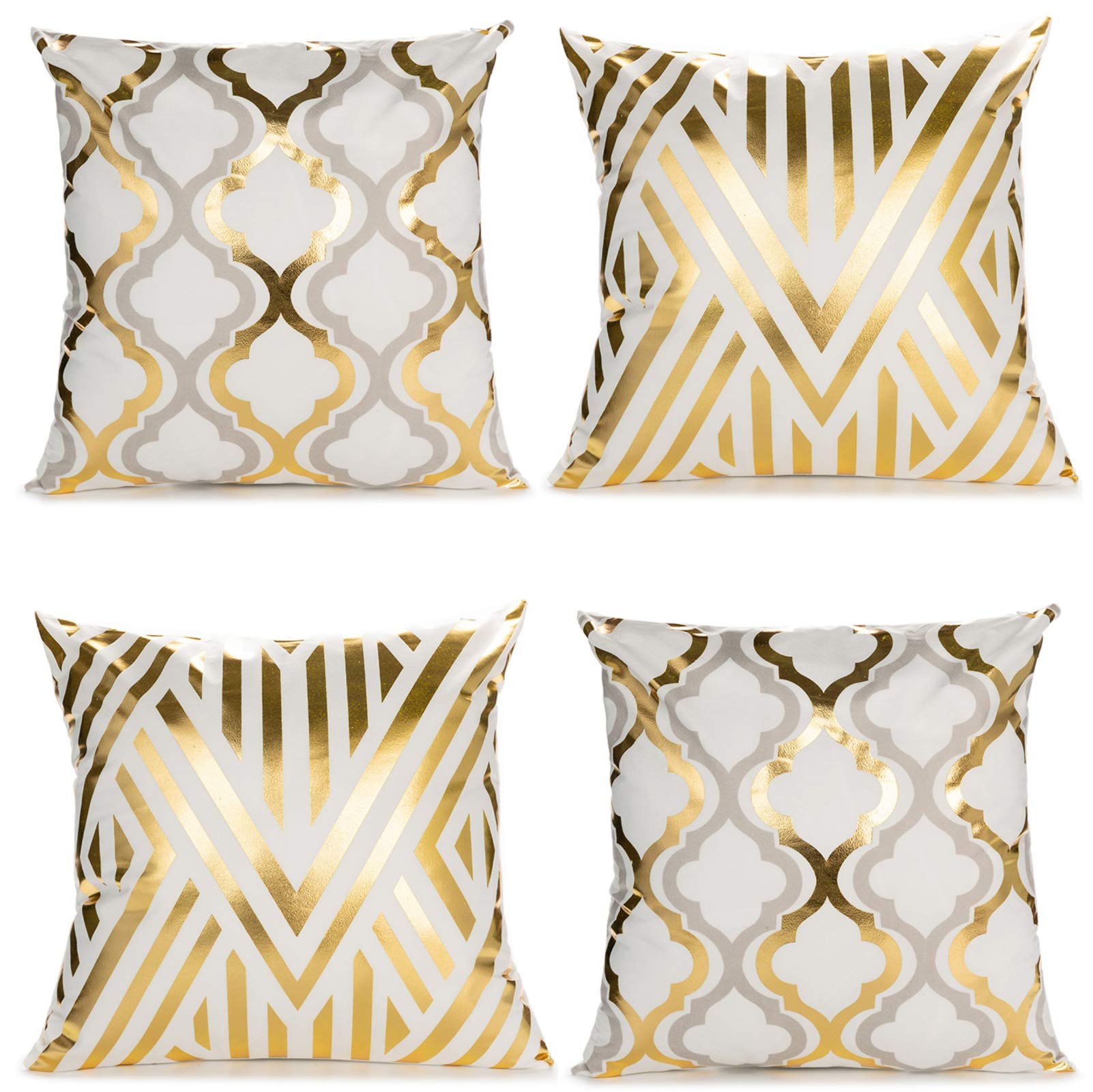 ZLINA 18x18 Inch Gold Foil Geometric Throw Pillow Covers Set of 4 - Decorative Cushion Covers for Sofa, Couch & Bedroom (White & Gold) | Perfect for Living Room Decor, Home Styling & Gift Giving