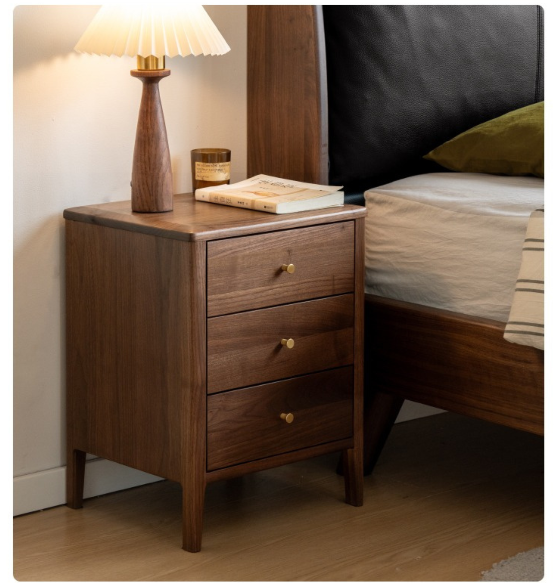 Premium Black Walnut Solid Wood Nightstand - Modern Nordic Style Bedside Table for Bedroom, Living Room & Office Furniture