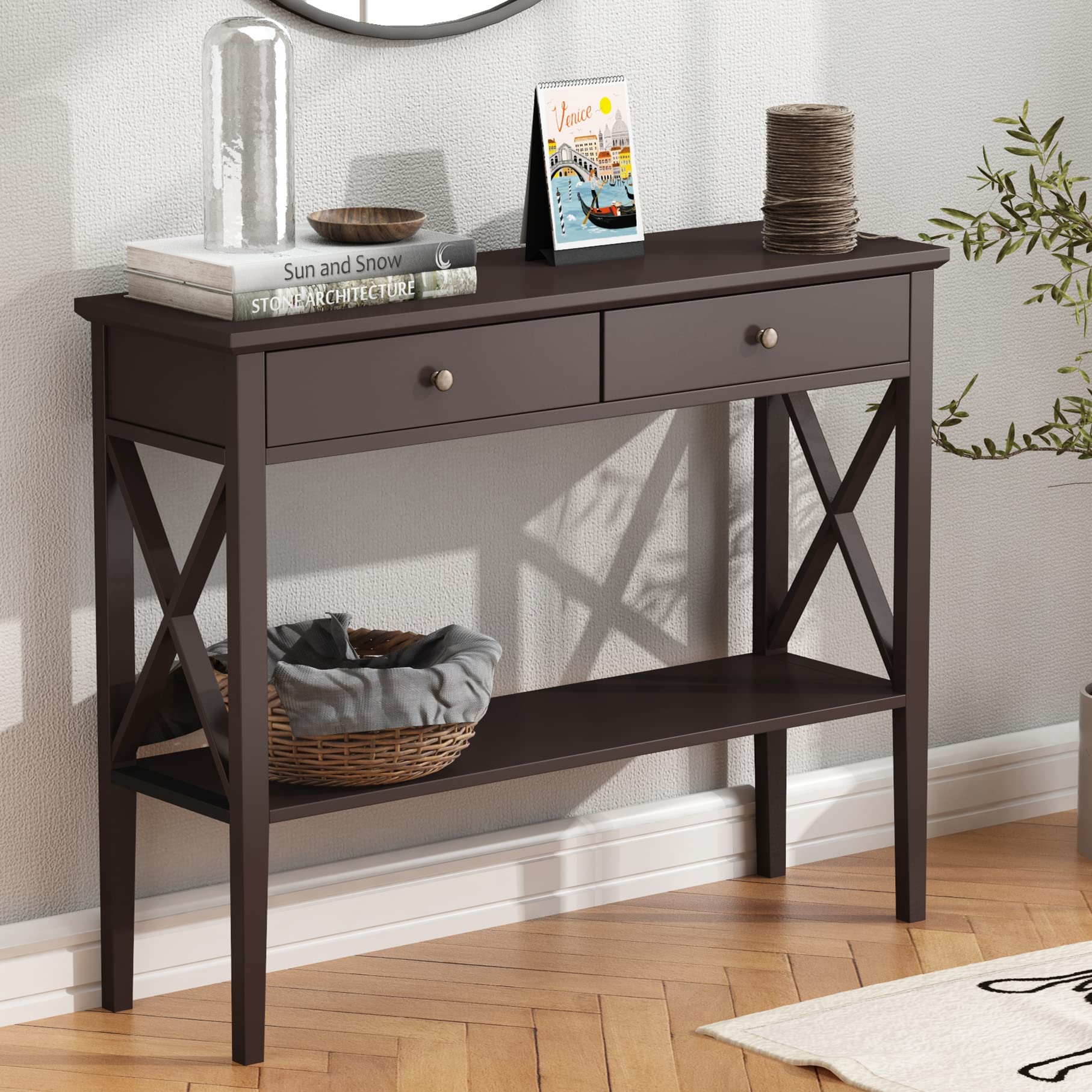 ChooChoo Narrow Wood Console Table with Drawers & Storage Shelf - Espresso Finish Entryway Sofa Table for Hallway, Living Room & Front Hall | Perfect for Small Spaces & Home Organization