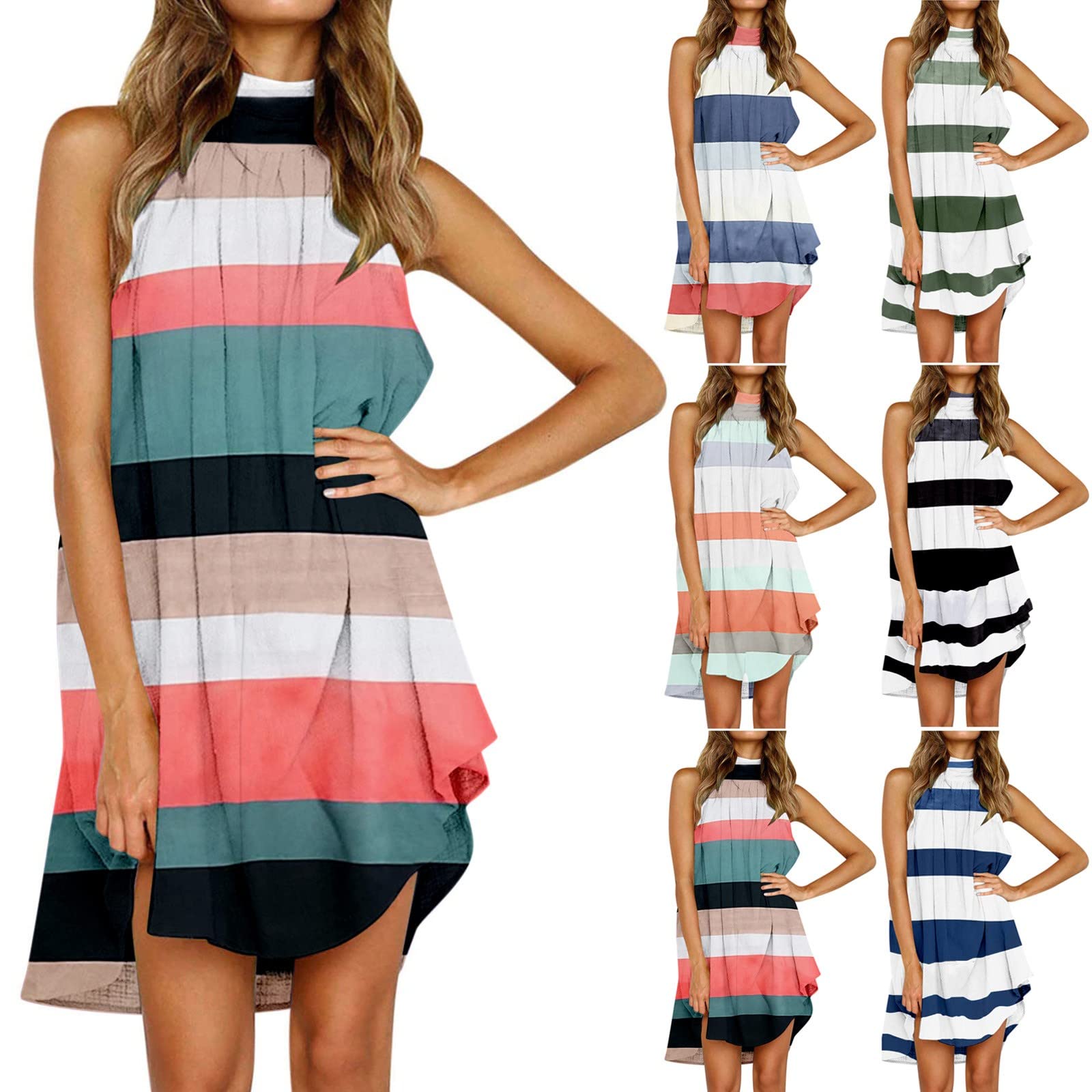 2022 Women's Summer Casual Dress - Striped Halter Sleeveless Cold Shoulder Boho Beach Dress | Perfect for Vacation, Pool Party & Tropical Getaway