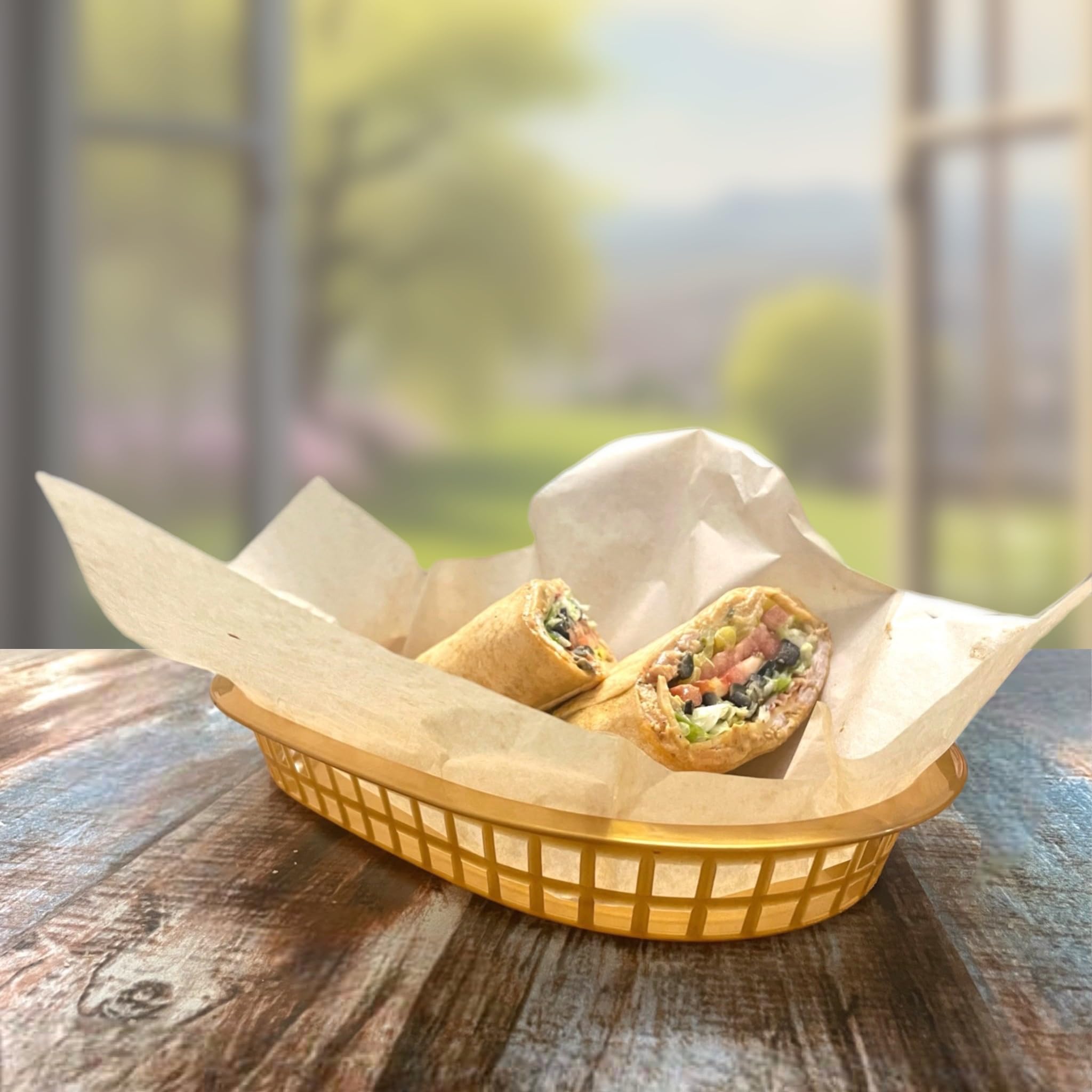 Boho Retro Gold Food Baskets - 12 Pack Reusable Plastic Fast Food Trays with 120 Parchment Paper Liners (2x60pk) | Perfect for Parties, Picnics & Catering Events