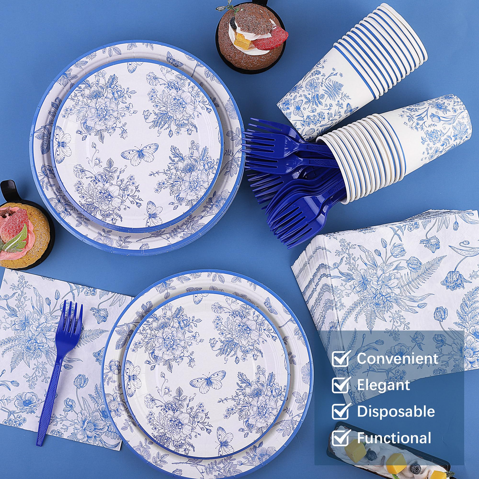 Durable 144-Piece Blue and White Floral Disposable Tableware Set - 9