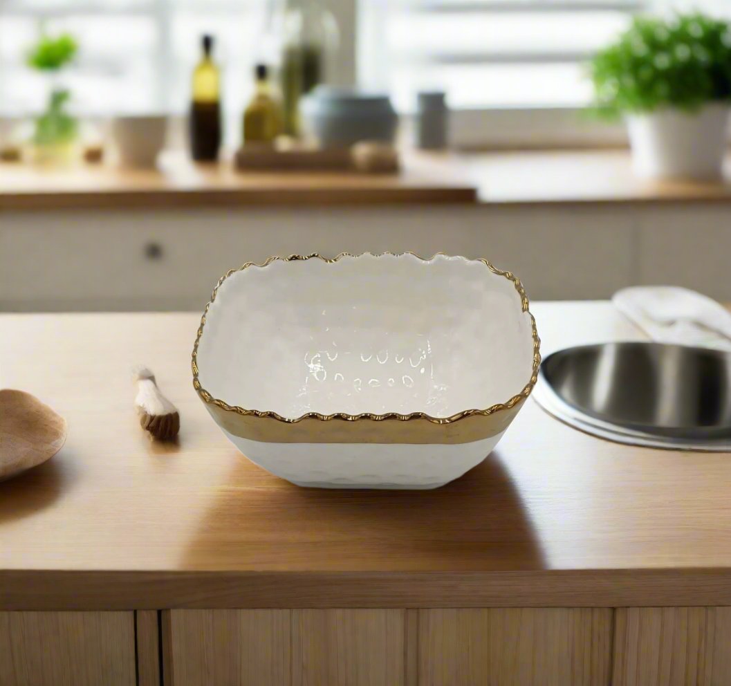 4.25x2 Square Bowl with Gold Rim - Medium Size for Serving, Dining & Home Decor | Perfect for Salads, Snacks & Party Dishes
