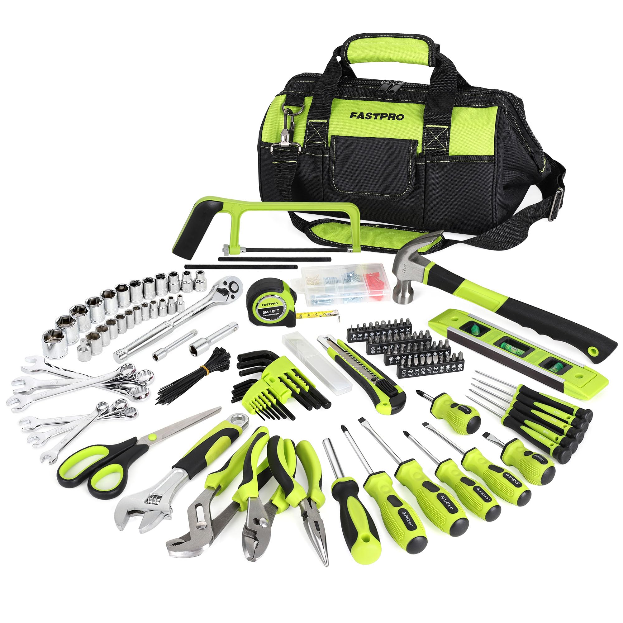 FASTPRO 267-Piece Home Tool Set - Complete Household Repair Tool Kit with 13-Inch Wide Mouth Tool Bag | Mechanics Hand Tools for DIY Projects, Home Maintenance & Car Repairs | Perfect for Beginners & Professionals (Green)
