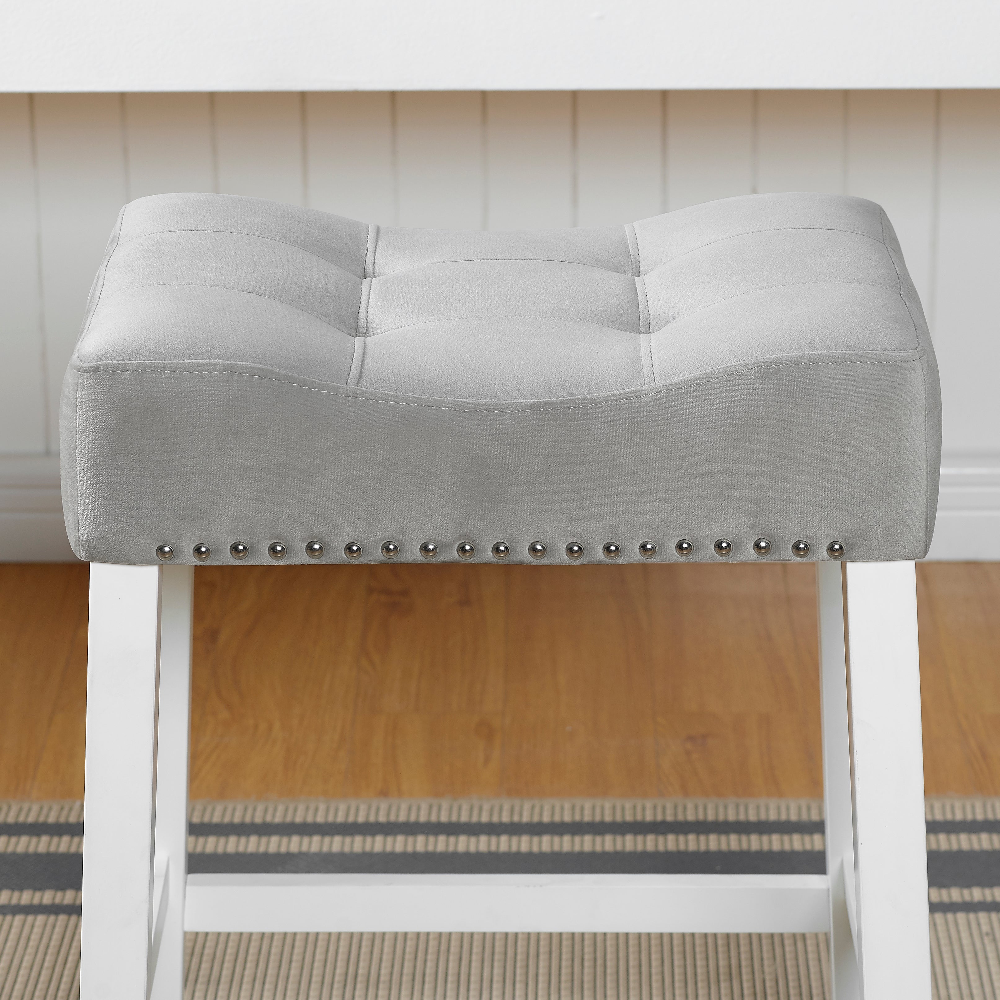 Roundhill Furniture Morovo Set of 2 Velvet Counter Height Bar Stools with Tufted Saddle Seats - White Wash Finish & Gray Upholstery - Perfect for Kitchen Islands, Breakfast Bars & Home Decor