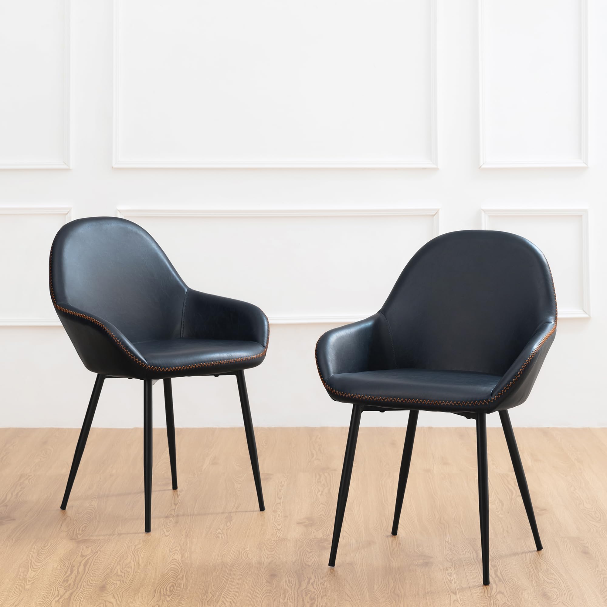 Glitzhome Mid-Century Modern Dining Chairs Set of 2 - Navy Blue Leatherette Upholstered Armchairs with Metal Legs for Living Room, Bedroom & Kitchen | Comfortable Seating for Dining, Entertaining & Home Office