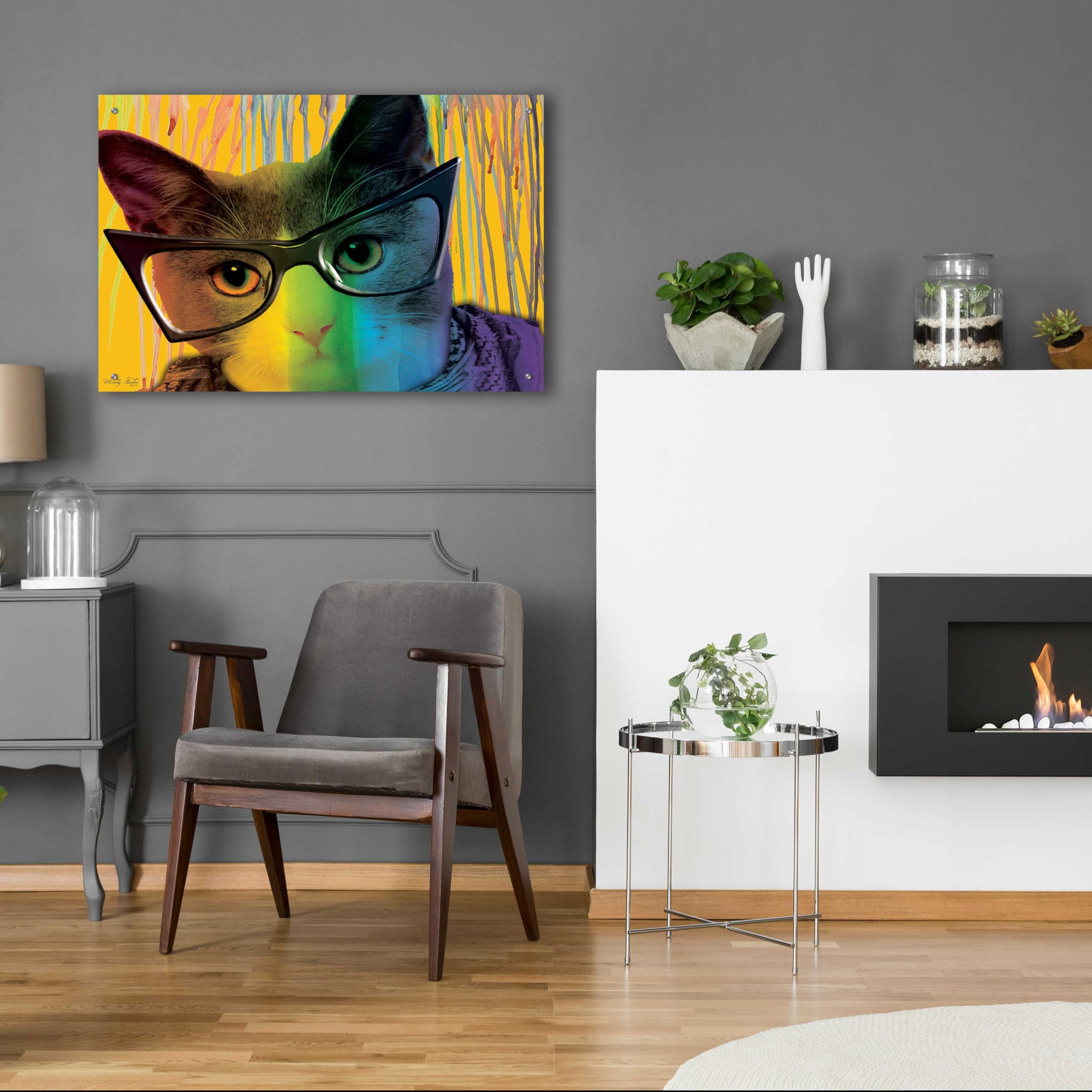 Epic 'Cat in Glasses' Acrylic Wall Art by Cindy Jacobs - 36x24 Inch Modern Home Decor - Perfect for Living Room, Bedroom & Office