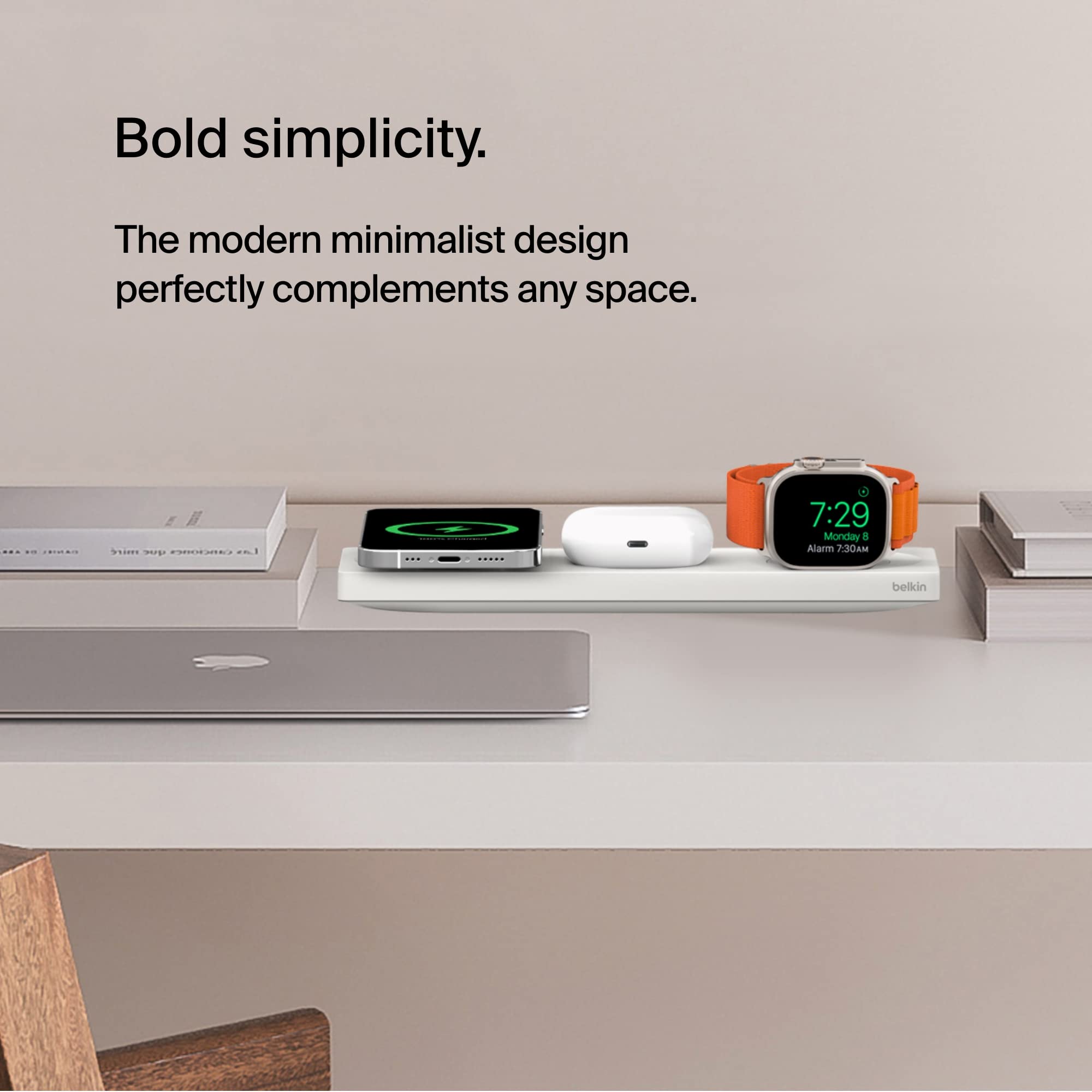 Belkin 3-in-1 MagSafe Wireless Charging Station - MFi Certified Fast Charger for iPhone 16/15/14/13/12 Series, Apple Watch 10/9/8/7/SE/Ultra, AirPods Pro/2/3 - Compact Travel Charging Pad for Home, Office & Nightstand Use
