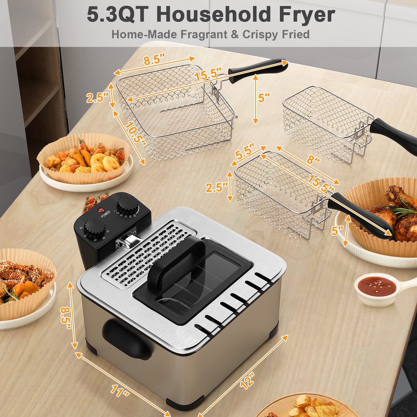 ARLIME 5.3 Qt/5L Electric Deep Fryer with 2 Baskets - Adjustable Temperature & Timer, Removable Oil Container & View Window Lid - Stainless Steel Home Kitchen Appliance for Frying Chicken, Fish, French Fries & Donuts - Perfect for Family Gatherings & Restaurant-Style Cooking