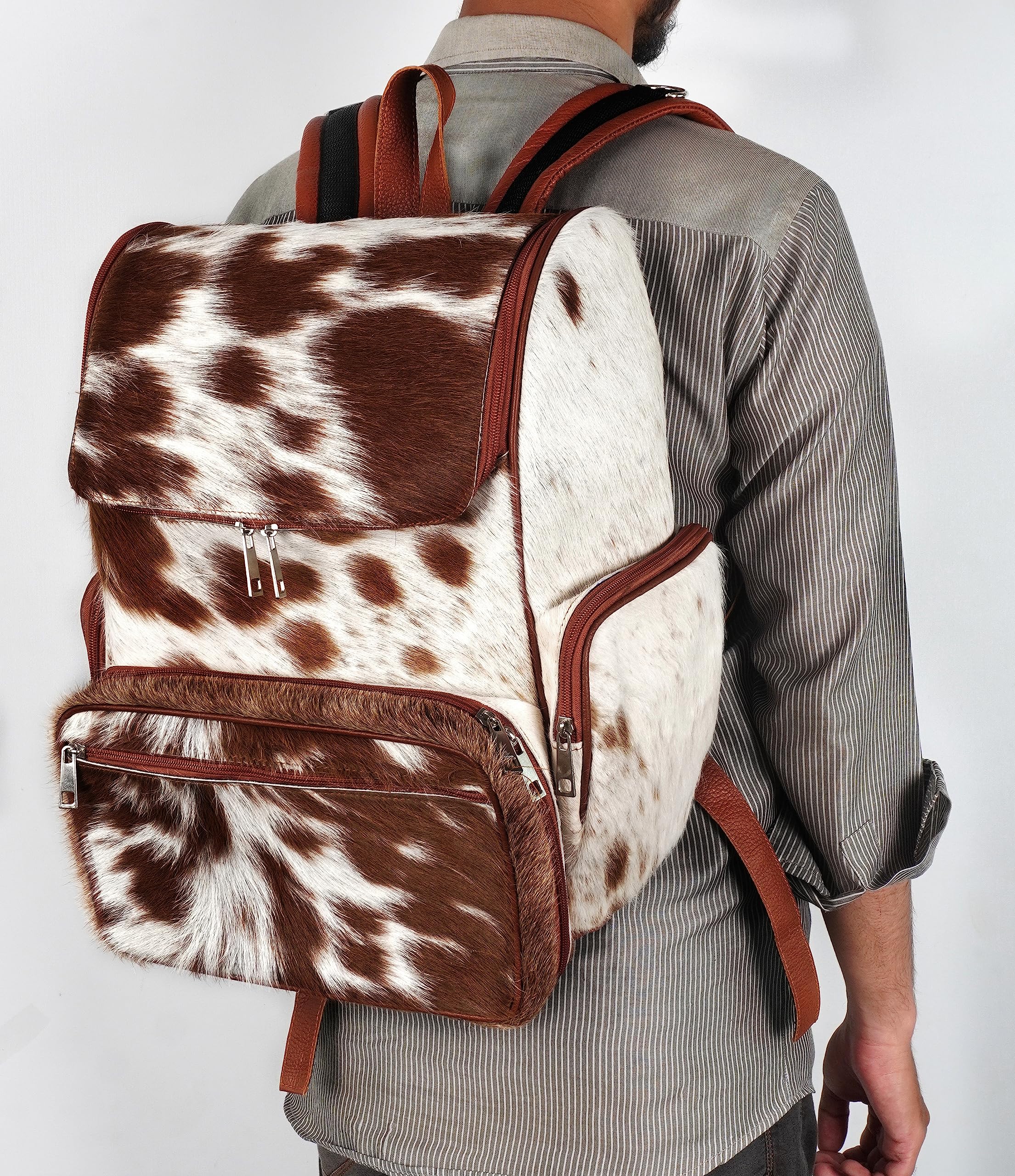 Premium Cowhide Hair Print Diaper Backpack - Stylish Brown & White Travel Shoulder Bag for Moms | Waterproof Baby Essentials Organizer | Perfect for Parenting, Outings & Air Travel