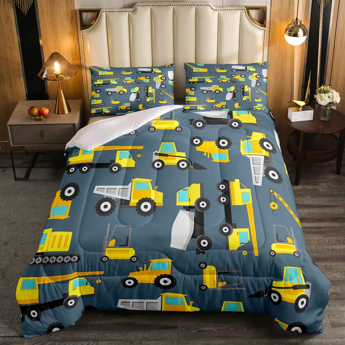 Boys' Cartoon Excavator & Truck Comforter Set - Full Size Ultra Soft Kids Bedding with Bulldozer & Crane Designs | Perfect for Children's Room Decor & Construction Theme Bedrooms