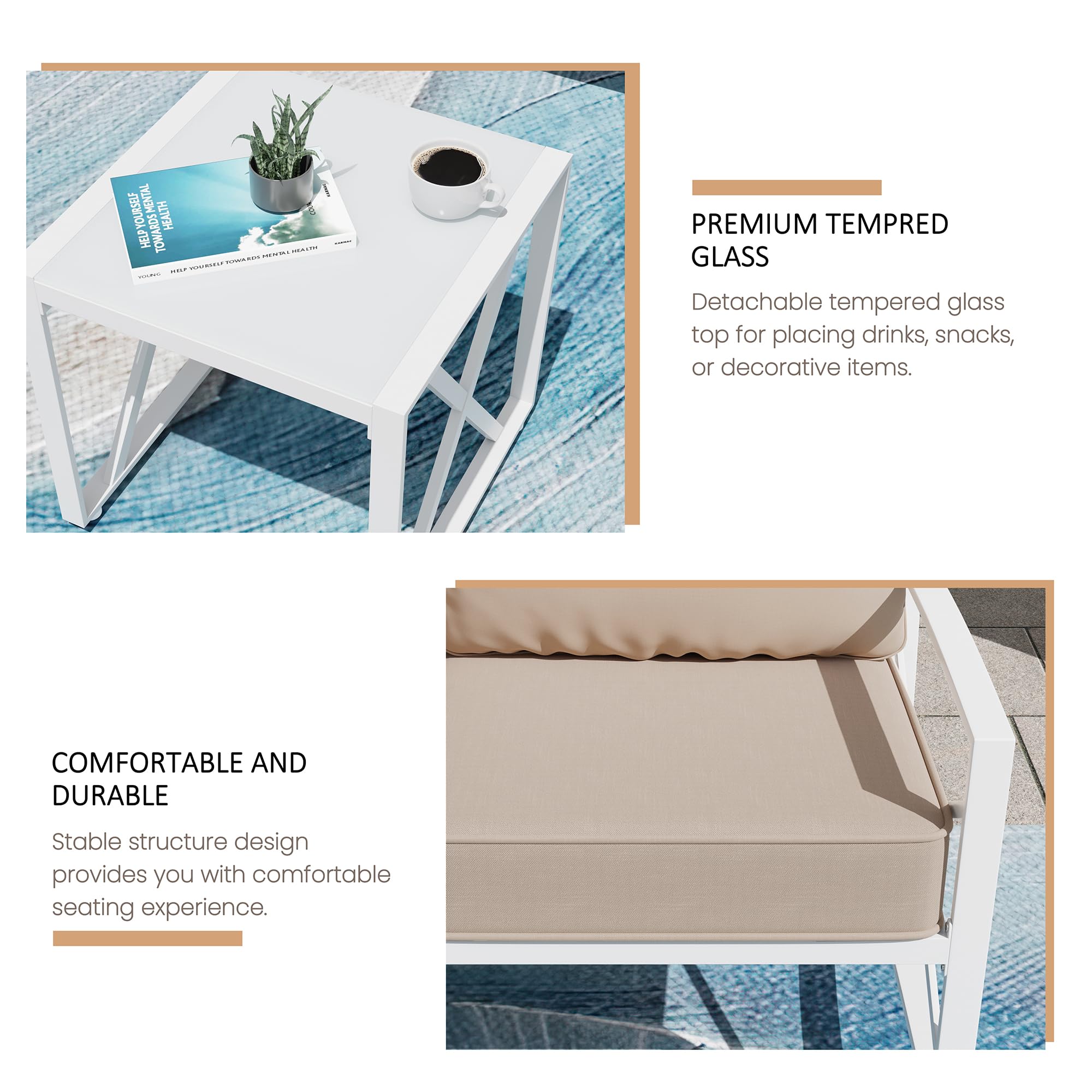 Shintenchi 3-Piece White Metal Outdoor Patio Furniture Set - Modern Sectional Sofa with Coffee Table for Backyard, Garden, Balcony - Weather-Resistant Conversation Set (Khaki) | Perfect for Outdoor Relaxation & Entertaining