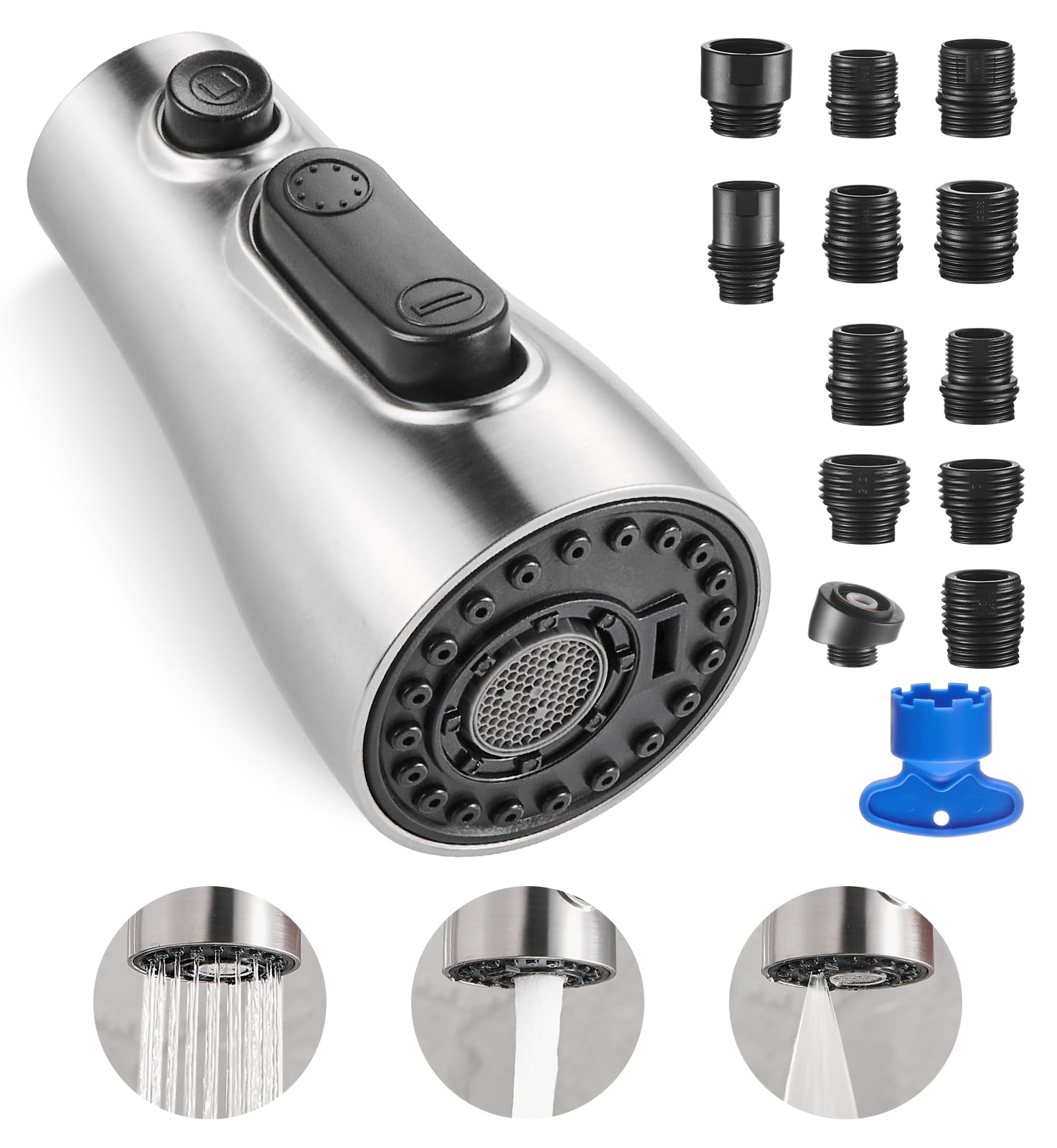 Cobbe Kitchen Faucet Head Replacement - 3 Function Pull Down Spray Head for Kitchen Sink Faucet with 12 Adapters, Brushed Nickel (Fits American Standard) - Perfect for Dishwashing, Food Prep & Deep Cleaning