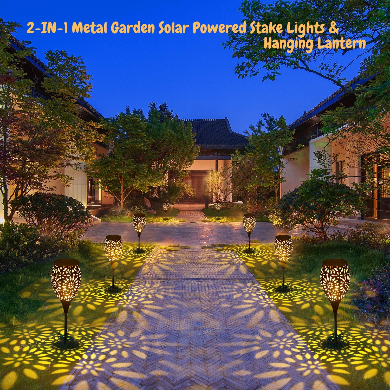 Solar Powered Outdoor Stake Lights & Hanging Lanterns 2-in-1 - Waterproof LED Garden Landscape Lighting for Pathways, Walkways, Yards, Lawns & Patios - Decorative Metal Torch Lights (2 Pack) - Perfect for Evening BBQs, Pool Parties & Backyard Decor