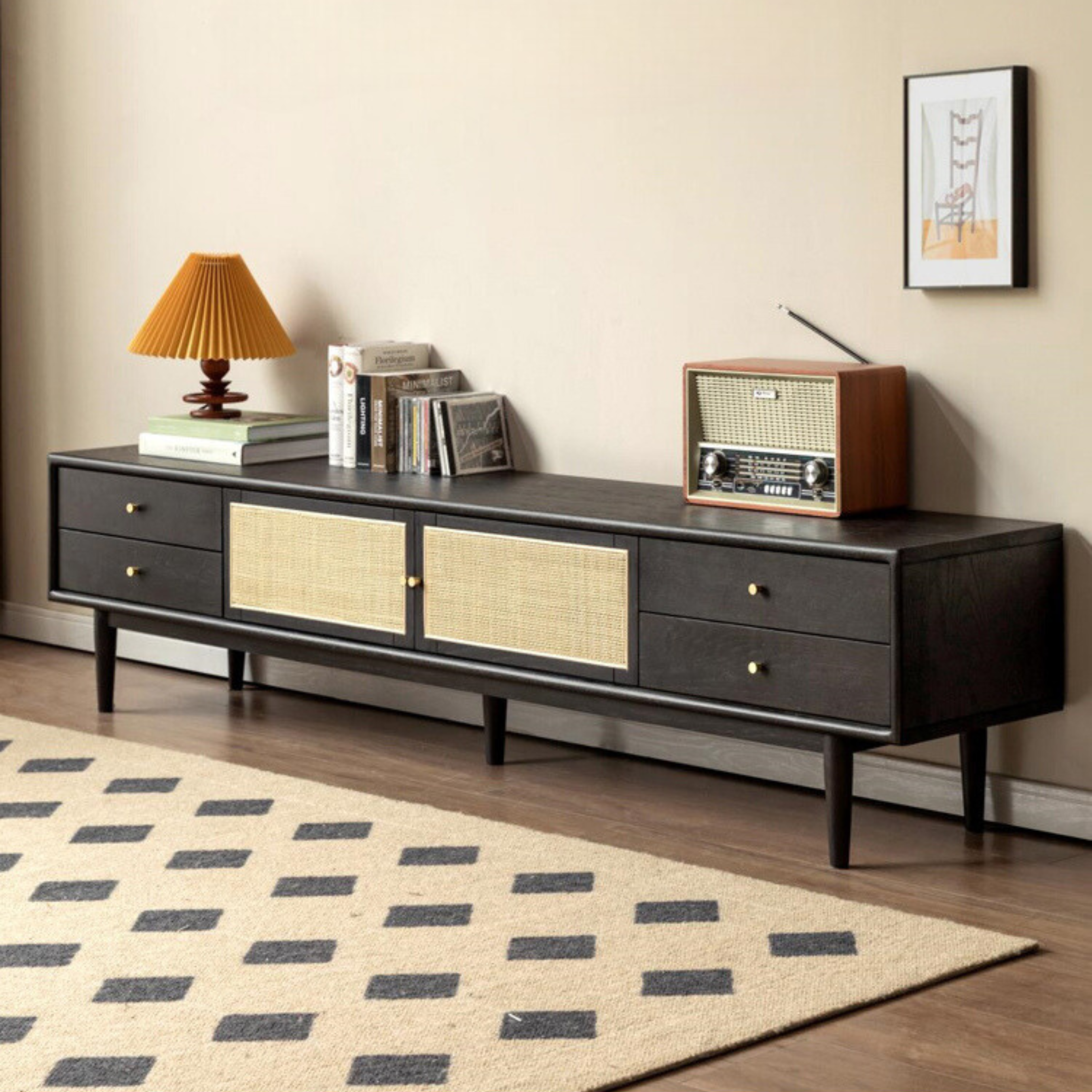 Solid Oak Wood Rattan TV Stand with 4 Drawers - Smoked Finish for Living Room, Bedroom & Home Theater Storage