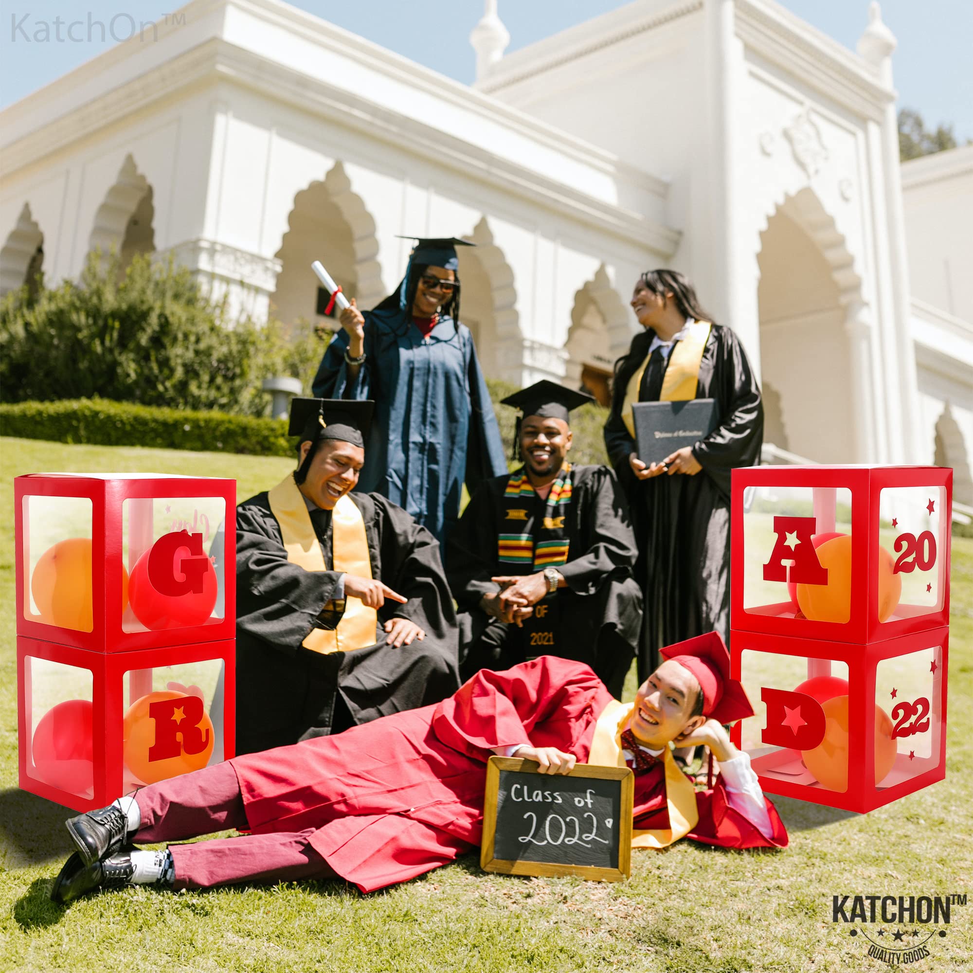 2024 Red Graduation Balloon Box Decorations - 4-Piece Congrats Grad Box Set for College Graduation Party | Red and Black Themed Decor for Graduation Ceremony, Photo Backdrop & Celebration | Perfect for High School, University & Commencement Events