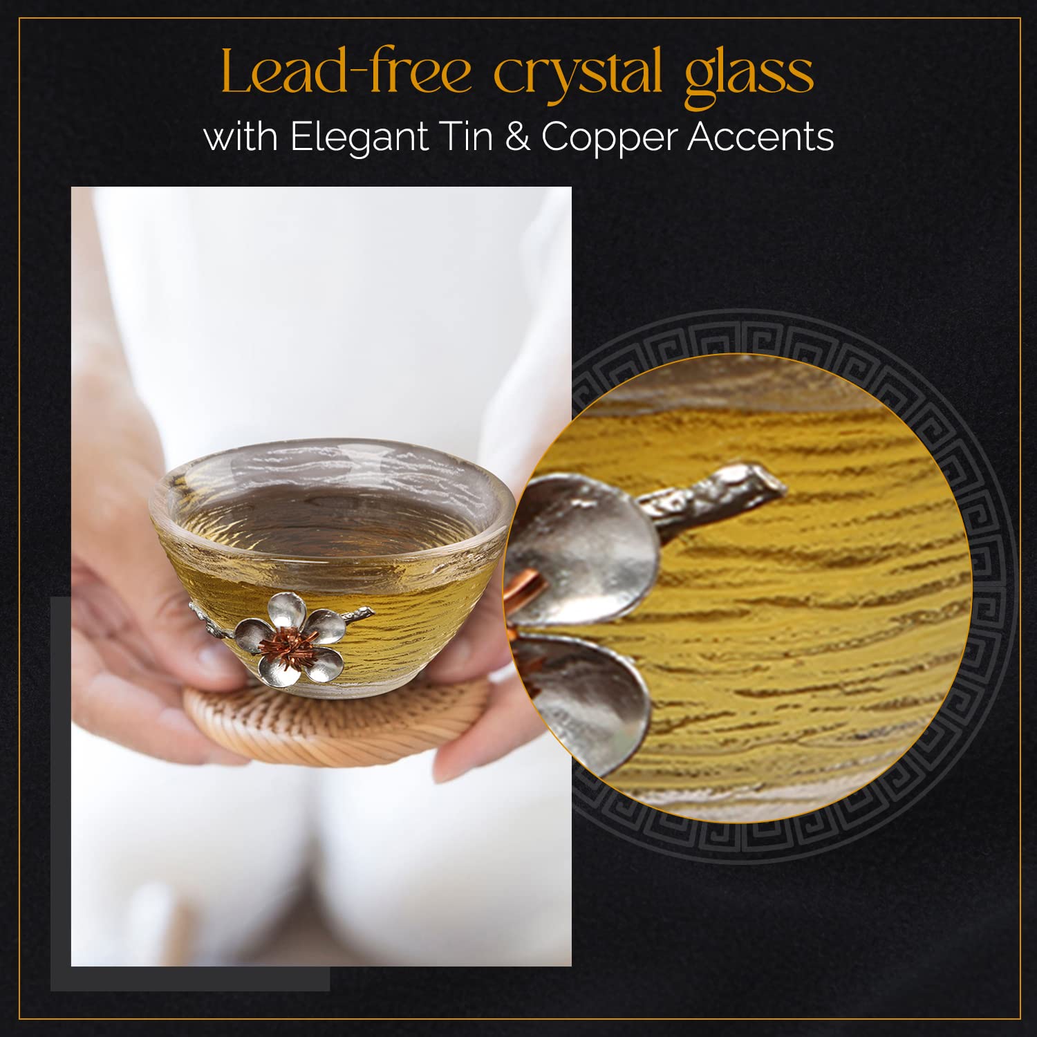 Japanese Hammered Glass Tea Cups Set of 2 - Handcrafted Sake Cups with Tin & Copper Plum Blossom Design, 2.3 oz - Perfect for Tea Ceremonies, Japanese Dining & Gift Giving