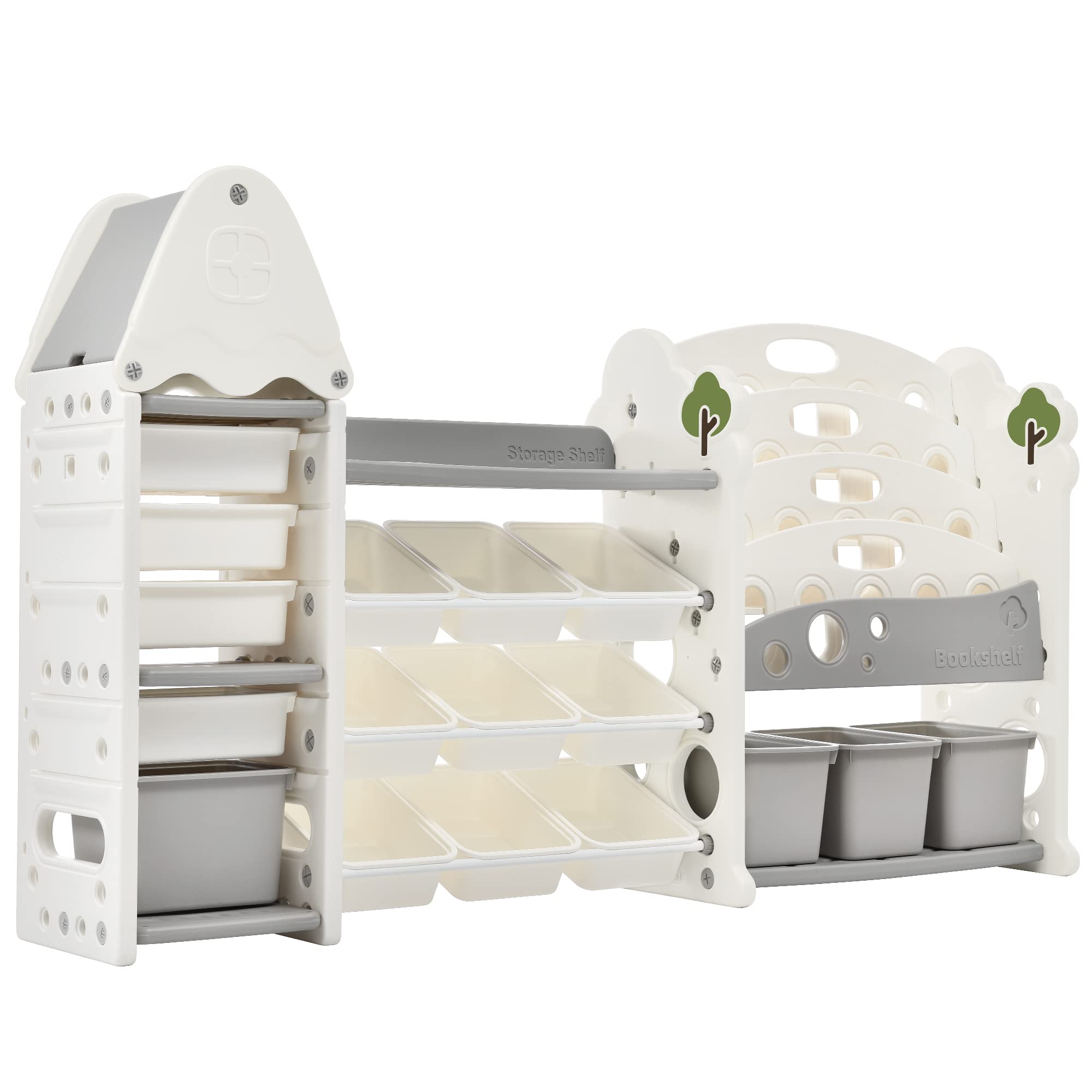 **17-Bin Toy Storage Organizer & 4-Tier Kids Bookshelf - All-in-One Gray Toy Box Chest for Kids Room, Classroom, Nursery - Perfect for Organizing Toys, Books, and Learning Supplies**