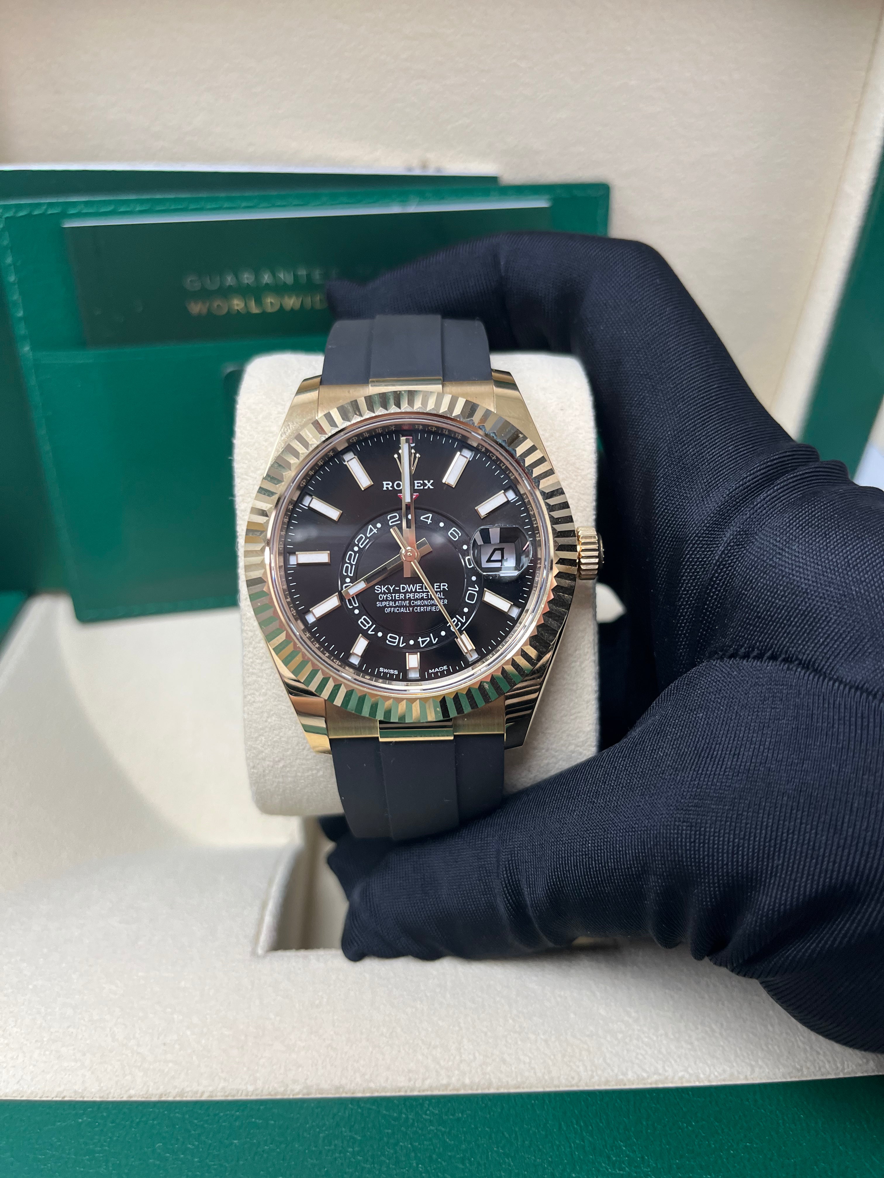 Rolex Sky-Dweller 18K Yellow Gold Watch with Black Index Dial & Oysterflex Bracelet (Ref# 326238) - Luxury Timepiece for Business Travelers & Watch Collectors
