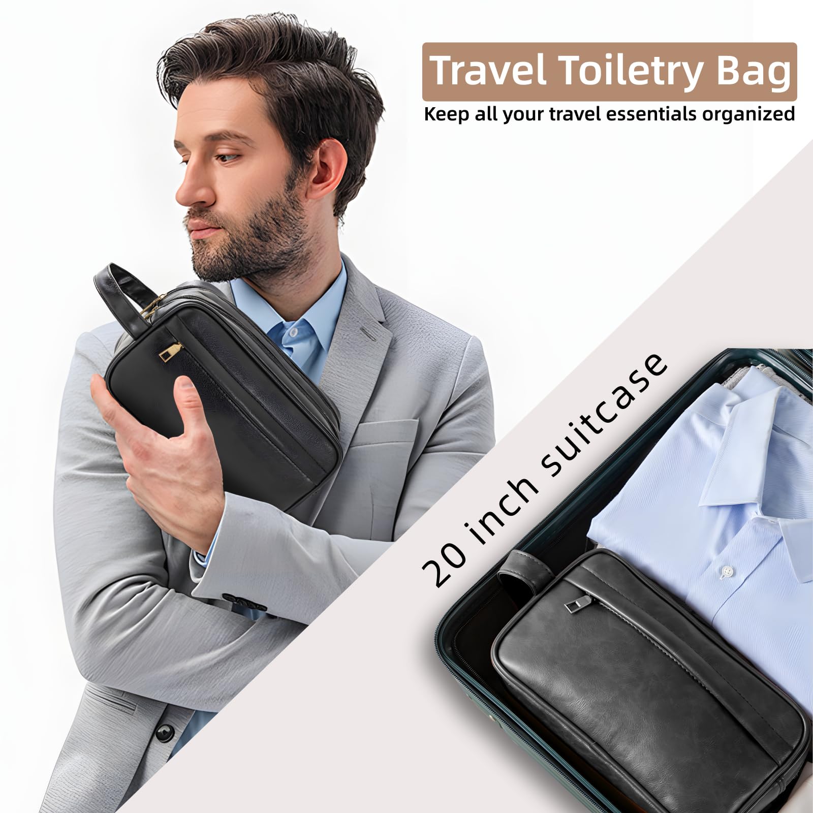 Premium PU Leather Toiletry Bag for Men - Large Water-Resistant Travel Organizer with Portable Handle - Perfect for Shaving Kits, Cosmetic Storage & Door Room Essentials (Black) - Ideal for Business Trips, Gym Visits & Weekend Getaways