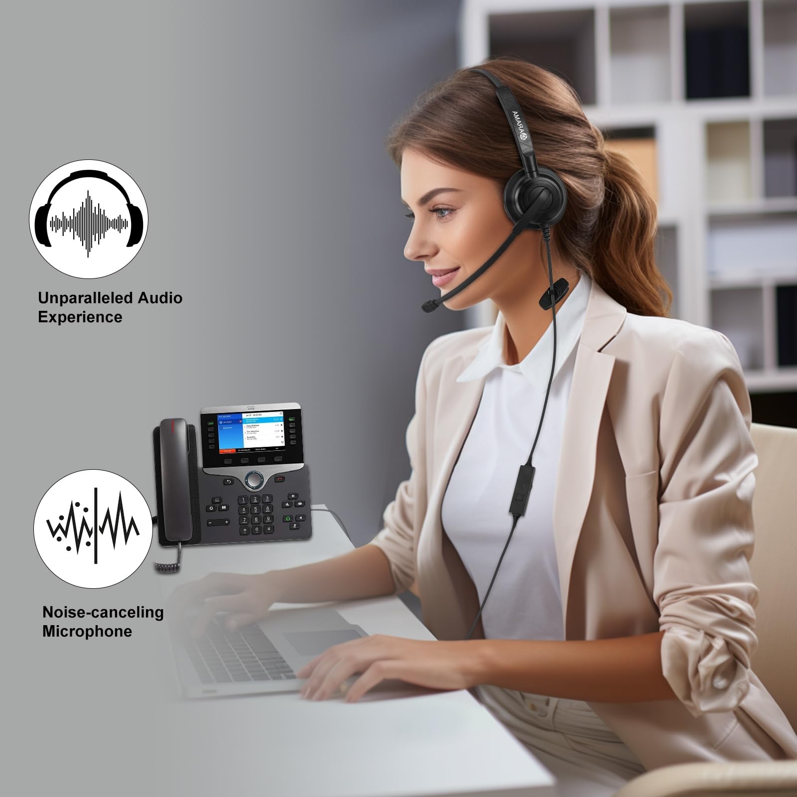 Noise Cancelling Cisco Phone Headset with Microphone & Mute Switch - Compatible with Cisco IP Phones 7821, 7841, 7942G, 7931G, 7940, 7941G, 7945G, 7960, 7961G, 7962G, 7965G, 7975G, 8811, 8841, 8861, 9951 - Ideal for Office, Call Center & Remote Work