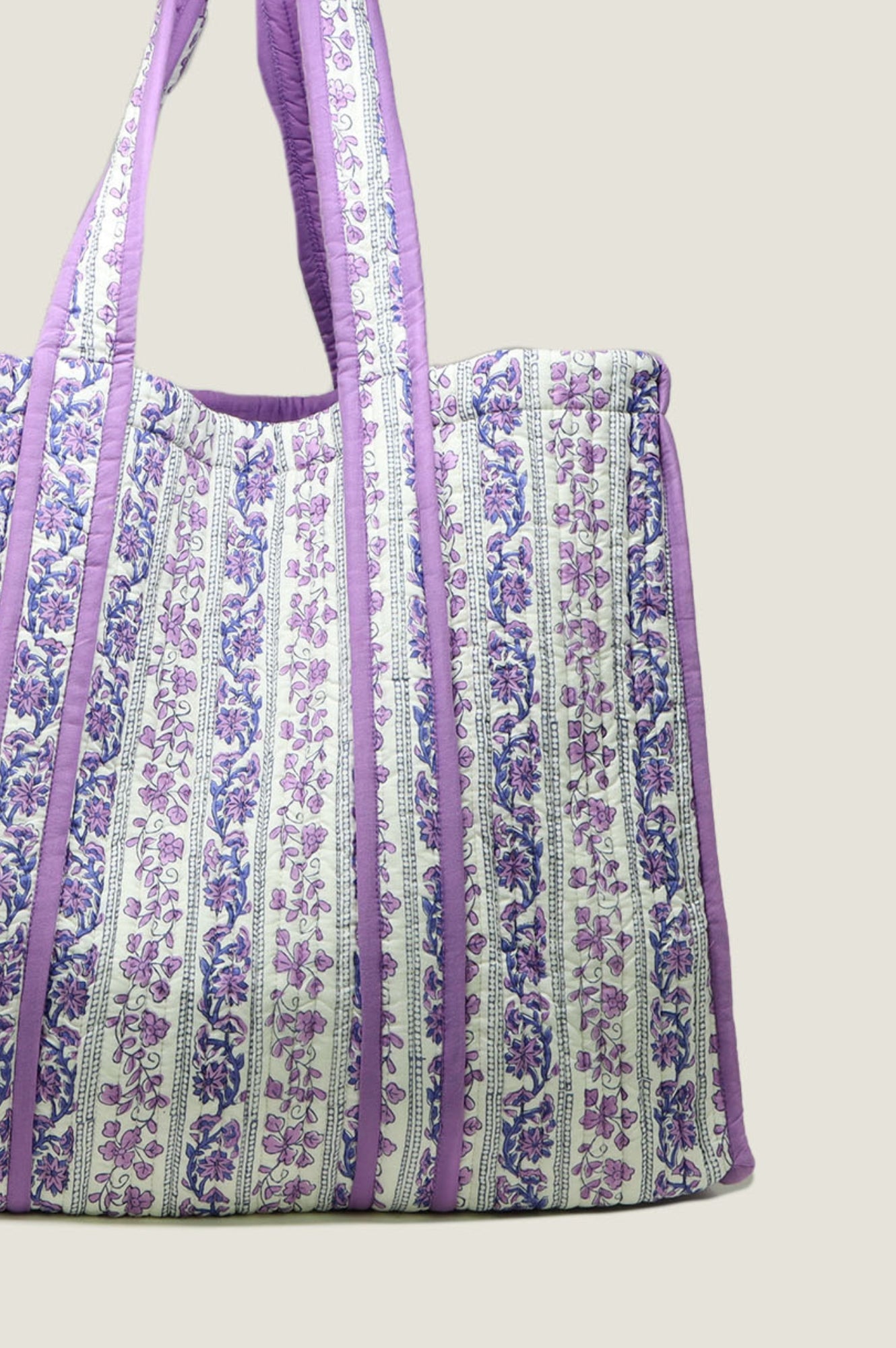 Quilted Block Print Tote Bag for Women - Linear Botanical Blue Purple Cotton Shoulder Bag - Perfect for Shopping, Beach, Work & Travel