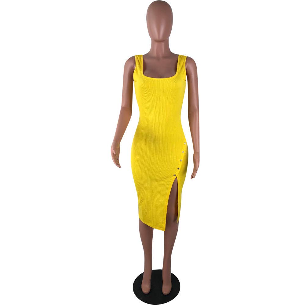 Qikaka Women's Sexy Sleeveless Solid Color Button-Up Stretchy Bodycon Dress - Clubwear, Night Out, Party, Date Night, Cocktail Attire