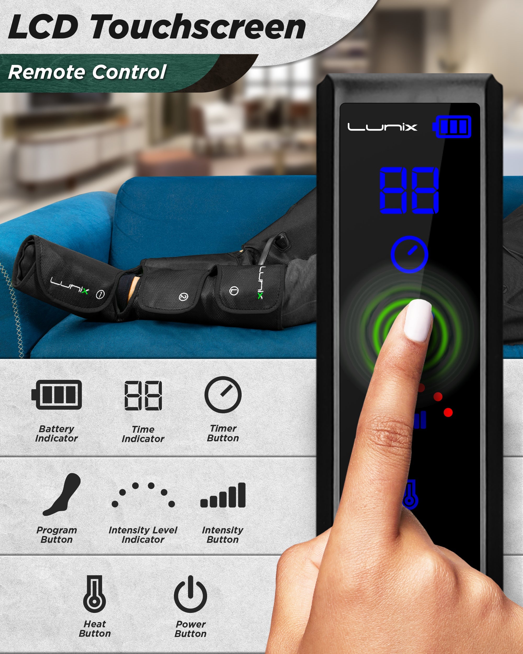 LX1 Foot and Calf Compression Massager for Pain Relief - Black - Ideal for Athletes, Office Workers & Travelers to Improve Circulation & Reduce Swelling