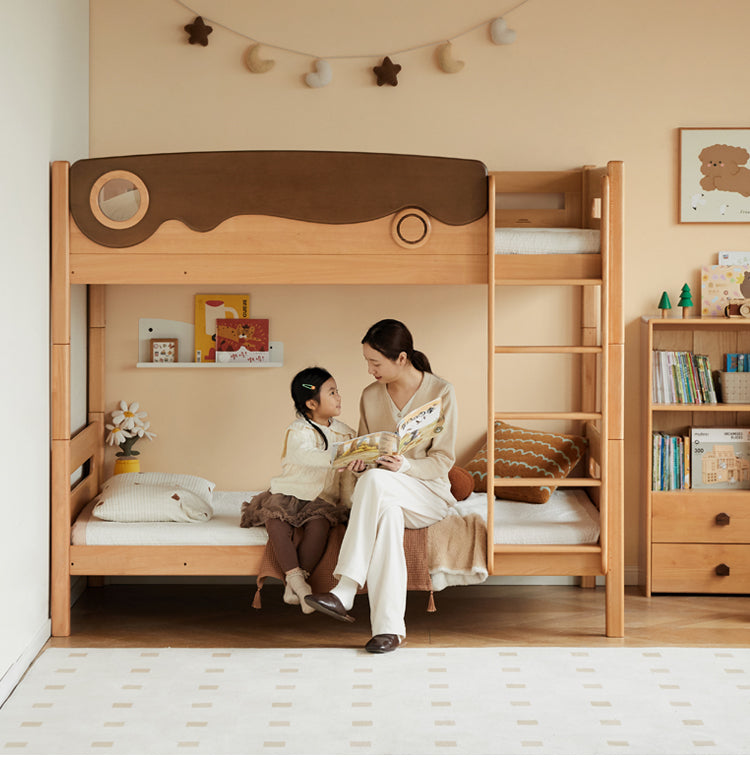 Solid Beech Wood Bunk Bed with Guardrails - Sturdy & Safe for Kids' Bedroom, Dormitory, or Guest Room