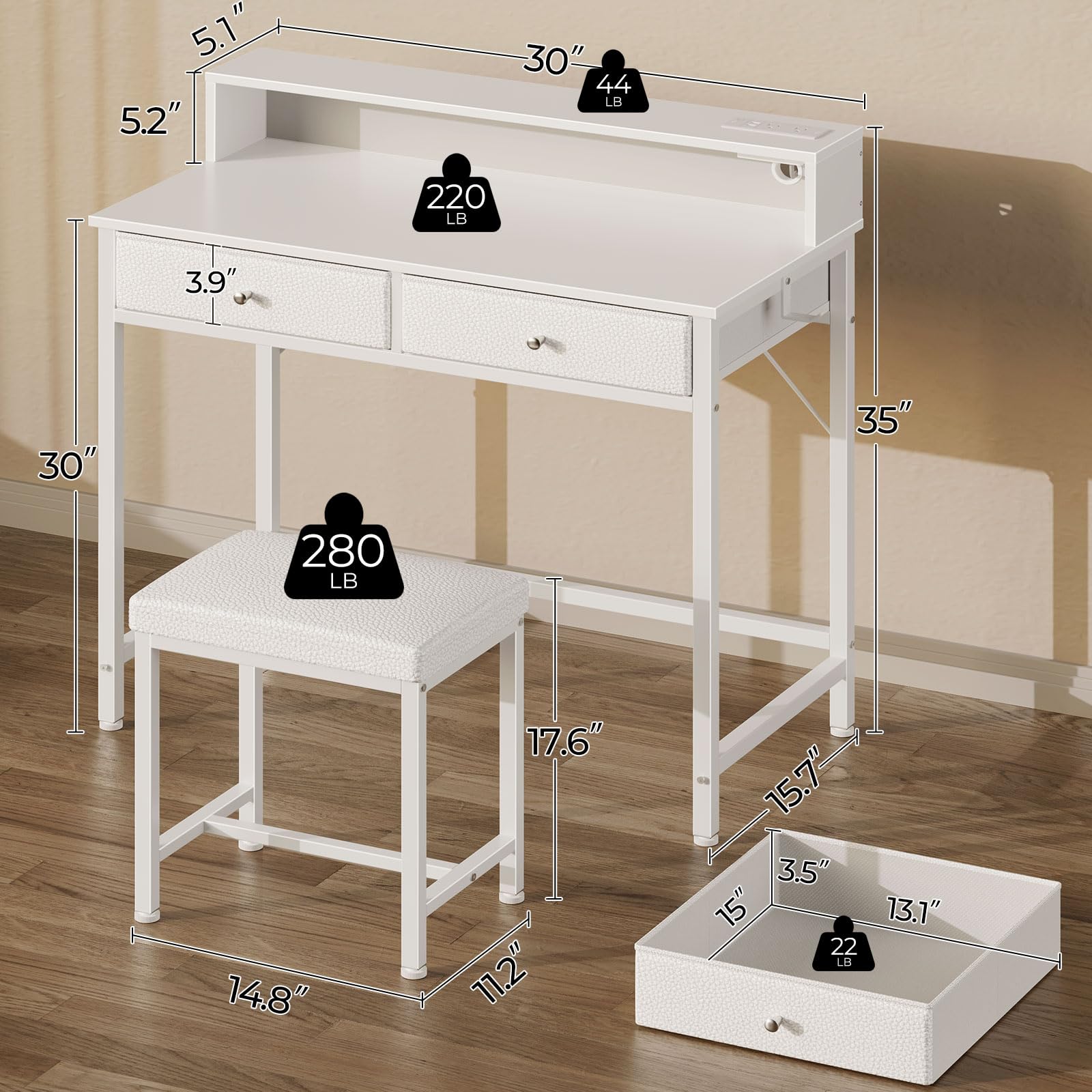 Modern White Vanity Desk Without Mirror - Makeup Vanity with Storage Drawers & USB Charging Station, Compact Bedroom Desk with Home Office Function for Small Spaces | Perfect for Makeup Organization, Remote Work & Space-Saving Bedroom Decor