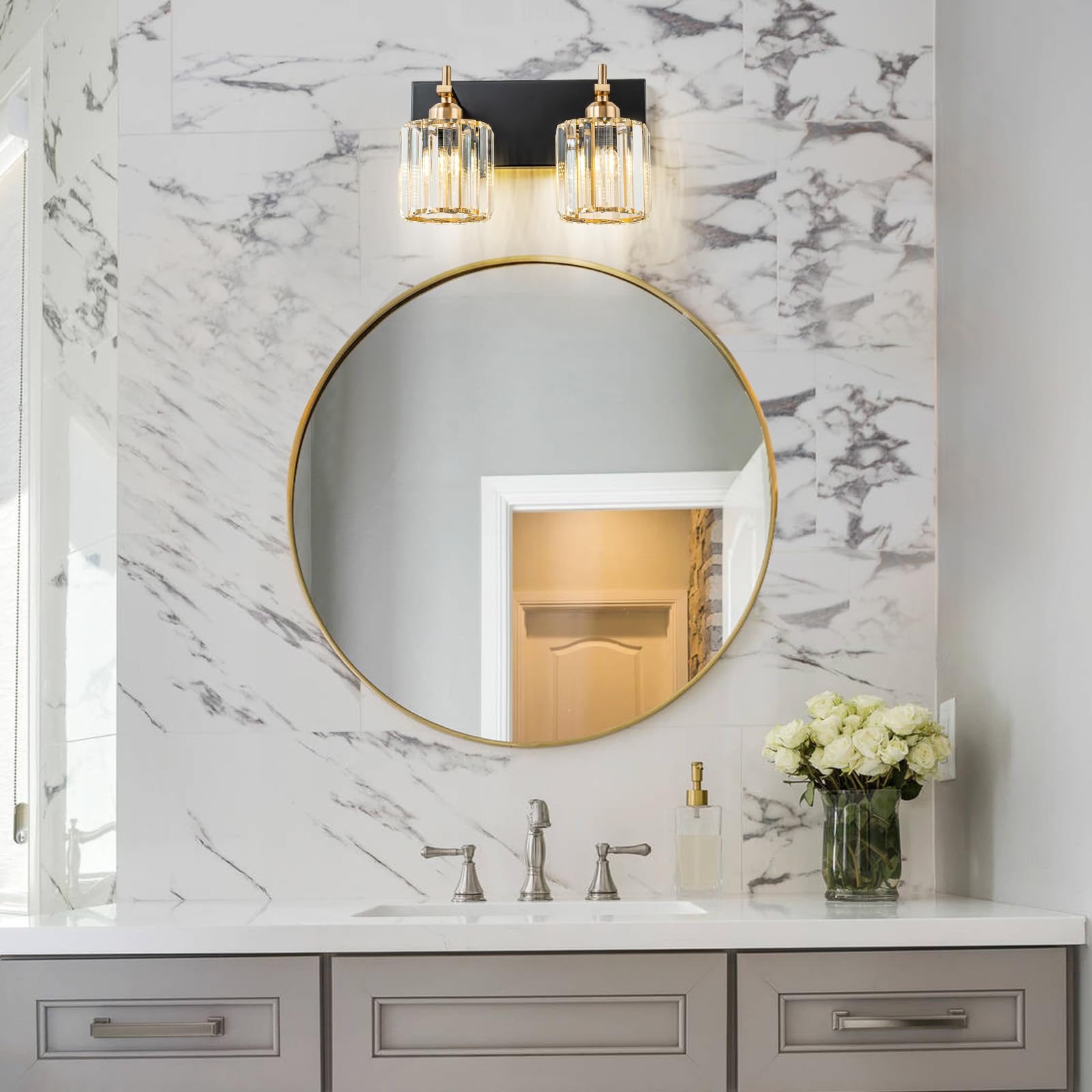 2-Light Crystal Bathroom Vanity Lights - Black Gold Modern Mirror Lighting Fixtures with Polished Gold Finish for Bathroom, Powder Room & Dressing Area | Elegant Wall Sconce for Vanity Mirror Illumination