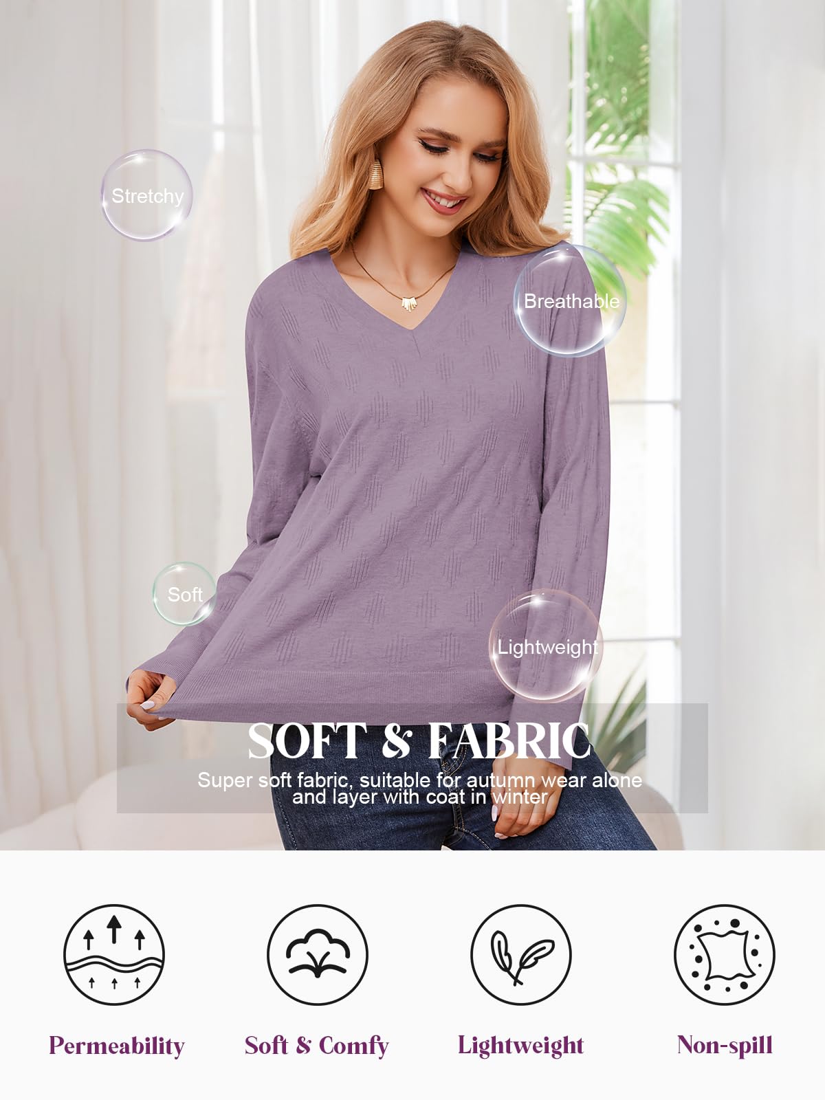 2025 Women's Lightweight Oversized V-Neck Pullover Sweater - Long Sleeve Casual Fashion Top for Spring | Perfect for Office Wear, Weekend Outfits & Layering