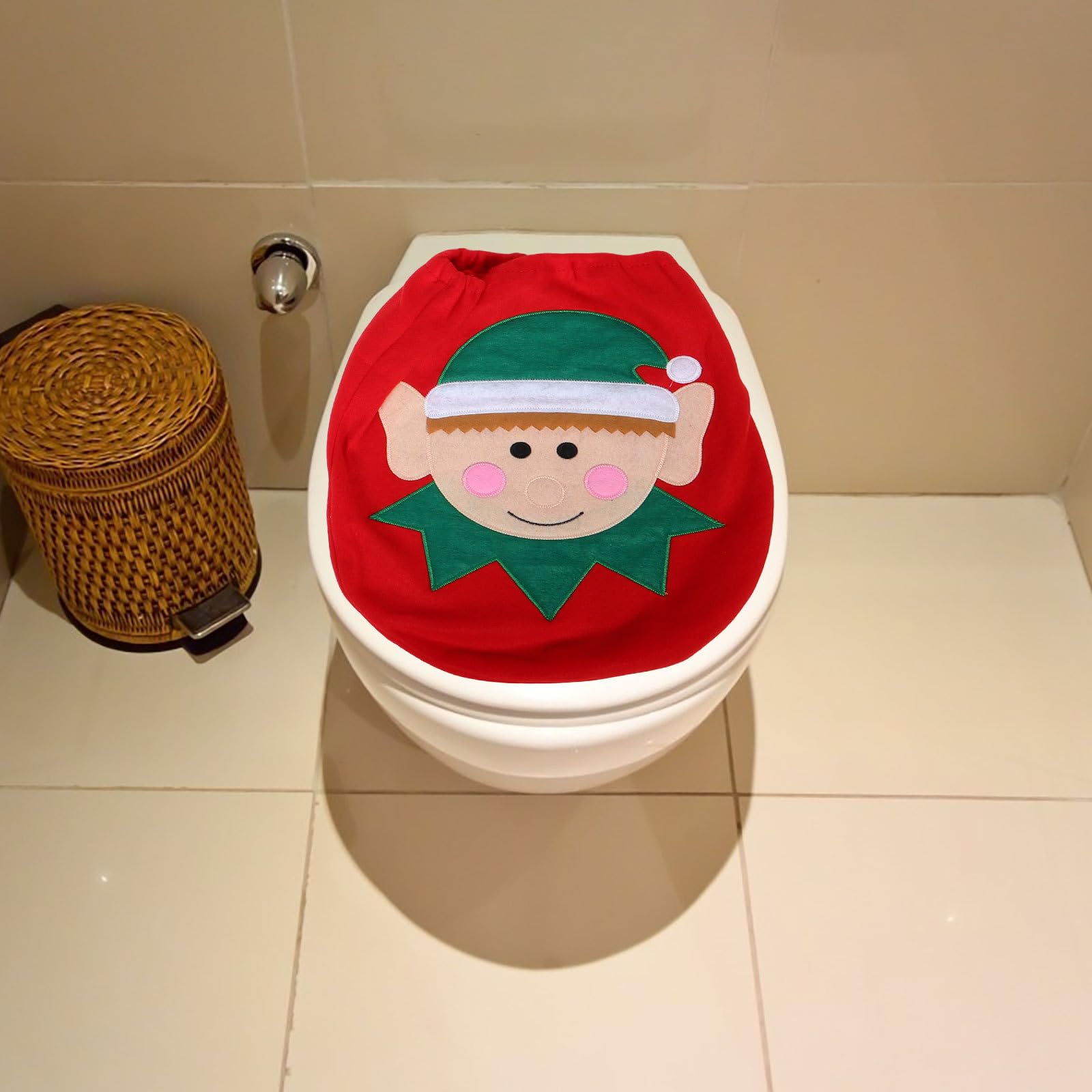3-Piece Christmas Toilet Cover and Bathroom Rug Set - Funny Elf Design Holiday Decor with Toilet Lid Cover, Floor Mat & Tank Cover - Perfect for Home, Hotel & Holiday Party Decorations (Festive Bathroom Decor for Christmas Parties & Family Gatherings)