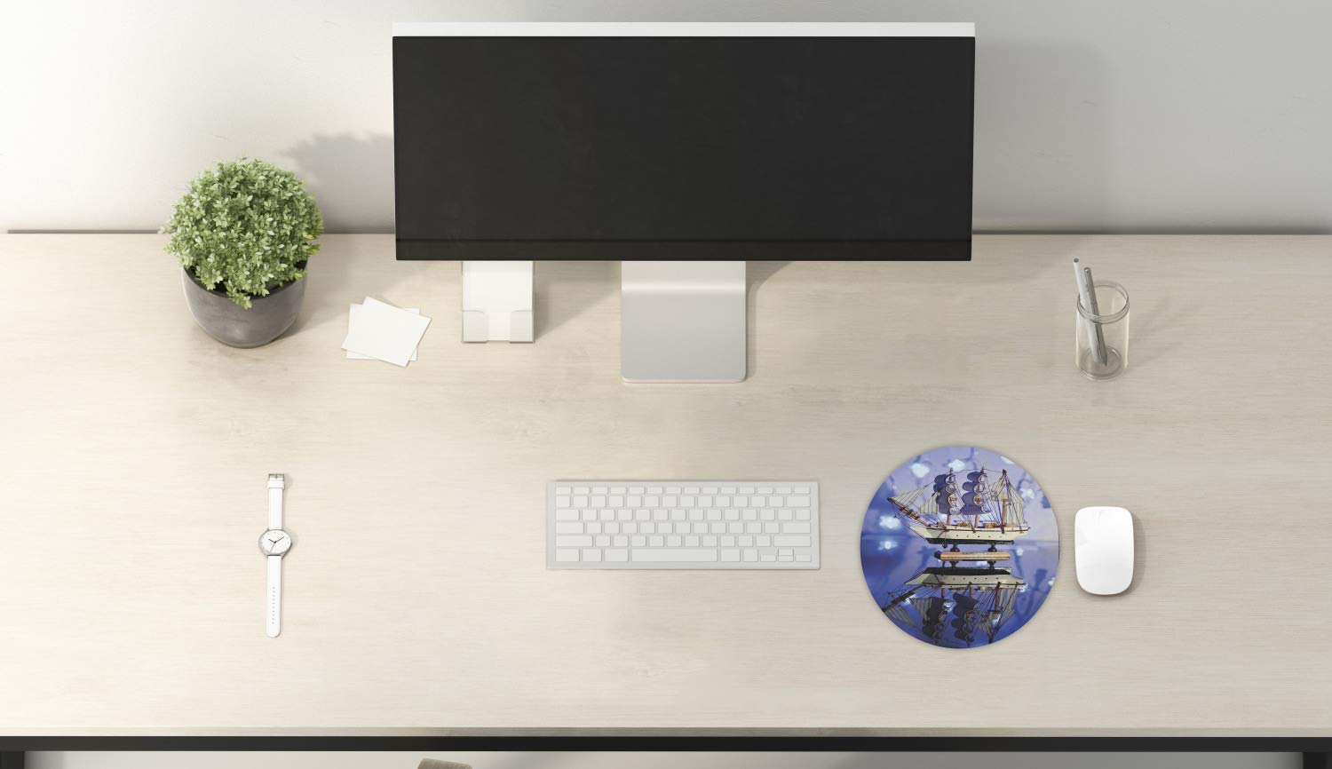 Ambesonne Nautical Themed Round Mouse Pad - Non-Slip Thick Rubber Gaming Mousepad with Ship Sails Design, 8 Inch, Blue and Brown - Perfect for Office, Home & Gaming Setups