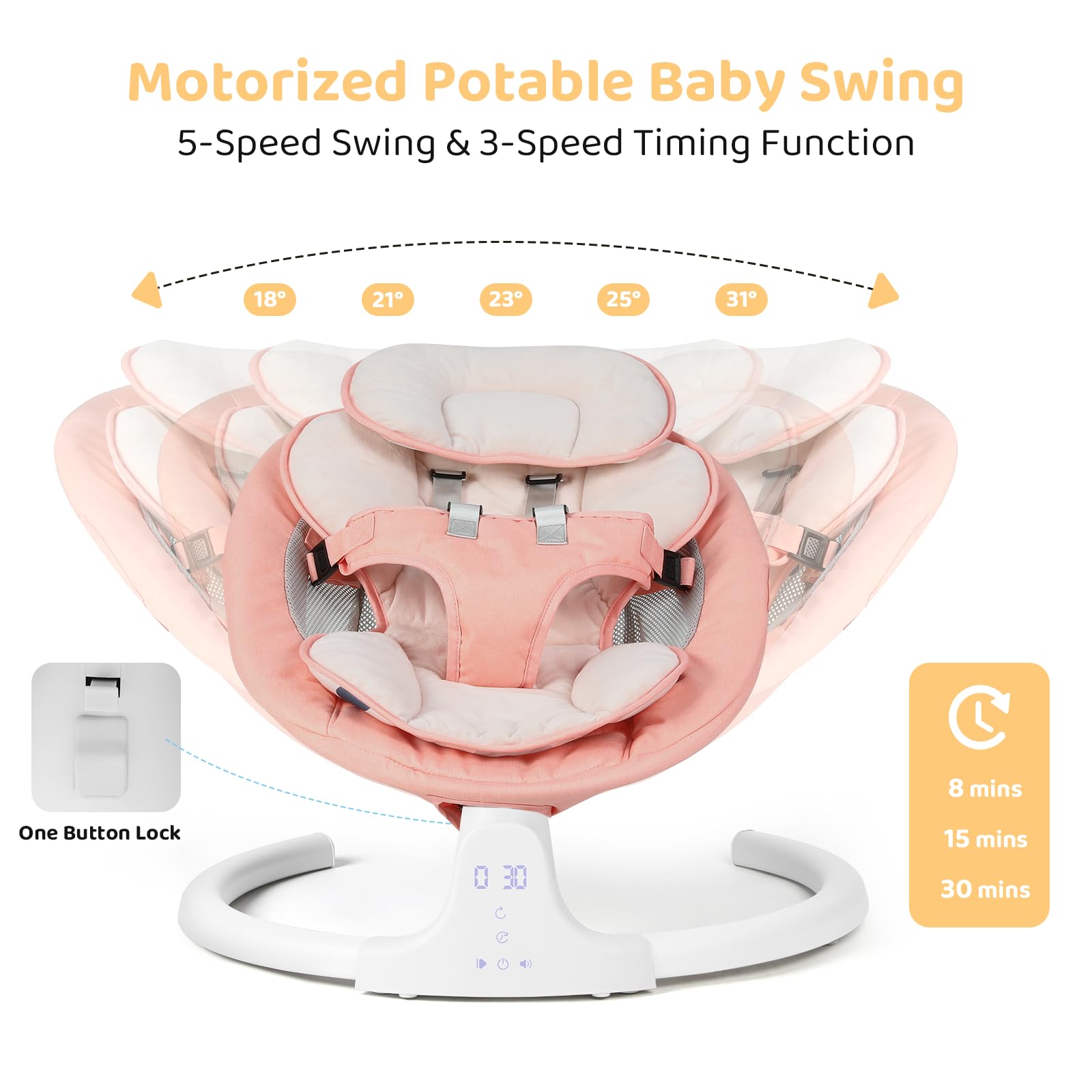 Baby Swing for Infants - 5-Speed Adjustable Rocker with 10 Soothing Lullabies, 5-Point Safety Harness & Remote Control | Includes 3 Hanging Toys (Pink) | Perfect for Nursery, Daycare & Soothing Fussy Babies to Sleep