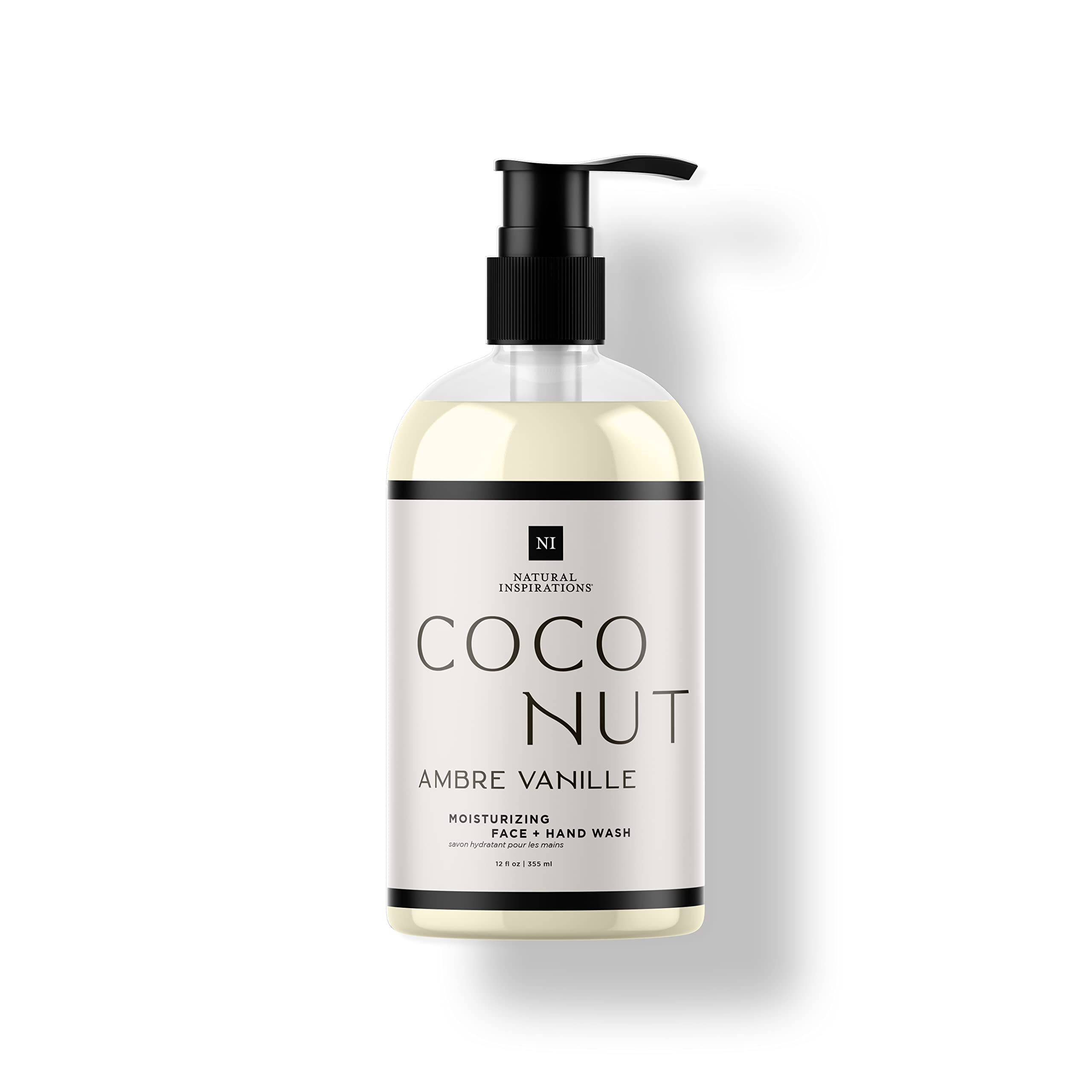 Natural Inspirations Coconut Ambre Vanille Moisturizing Hand & Face Wash 12oz - Hydrating Gentle Cleanser for Dry Skin, Daily Skincare Routine, Spa & Home Use