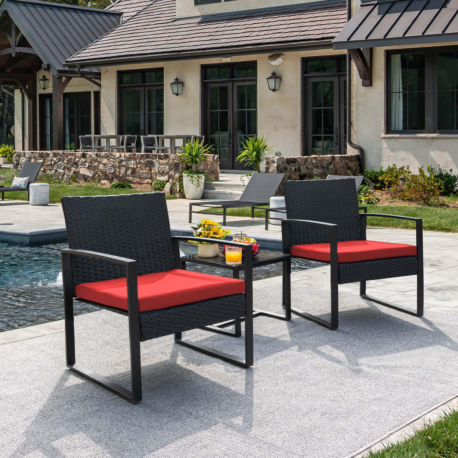 Flamaker 3-Piece Wicker Patio Furniture Set - Modern Outdoor Rattan Chairs with Coffee Table for Garden, Yard, Bistro & Backyard (Red) - Perfect for Relaxing, Entertaining & Outdoor Dining