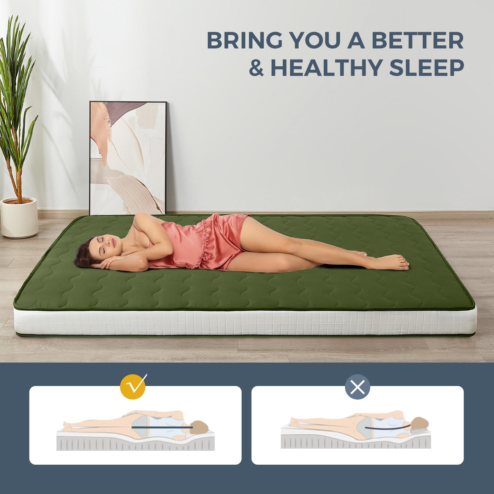 MAXYOYO 6-Inch Extra Thick Japanese Floor Futon Mattress - Premium Diamond Quilting Design for Bedroom, Guest Room & Small Spaces - Green (Queen Size) | Ideal for Apartments, Dorms, Sleepovers & Minimalist Living