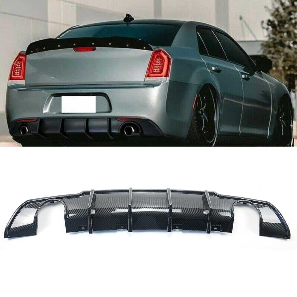 Carbon Fiber Print Rear Diffuser Lip for Chrysler 300 SRT 2015-2023 | Lower Valance Diffuser & Shark Fin Splitter | Enhances Aerodynamics & Sporty Look for Street Racing & Car Shows