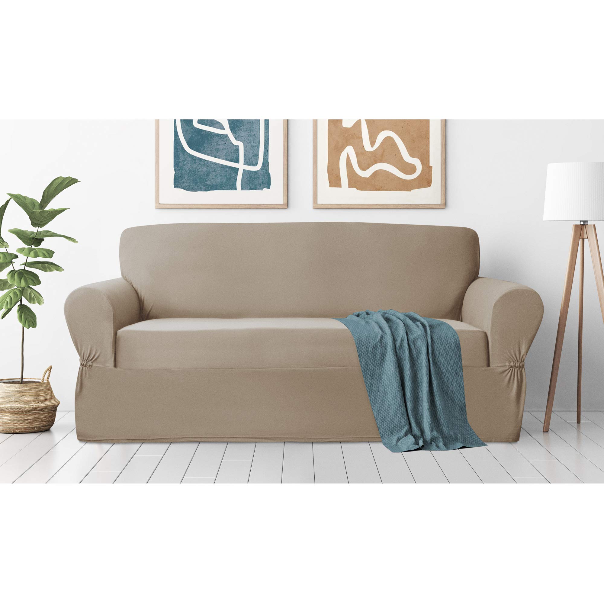 Zenna Home Tan Stretch Plush Sofa Slipcover - 1-Piece Furniture Protector for Couches, Loveseats & Sectionals | Soft, Washable & Universal Fit | Perfect for Living Room, Family Room & Home Decor