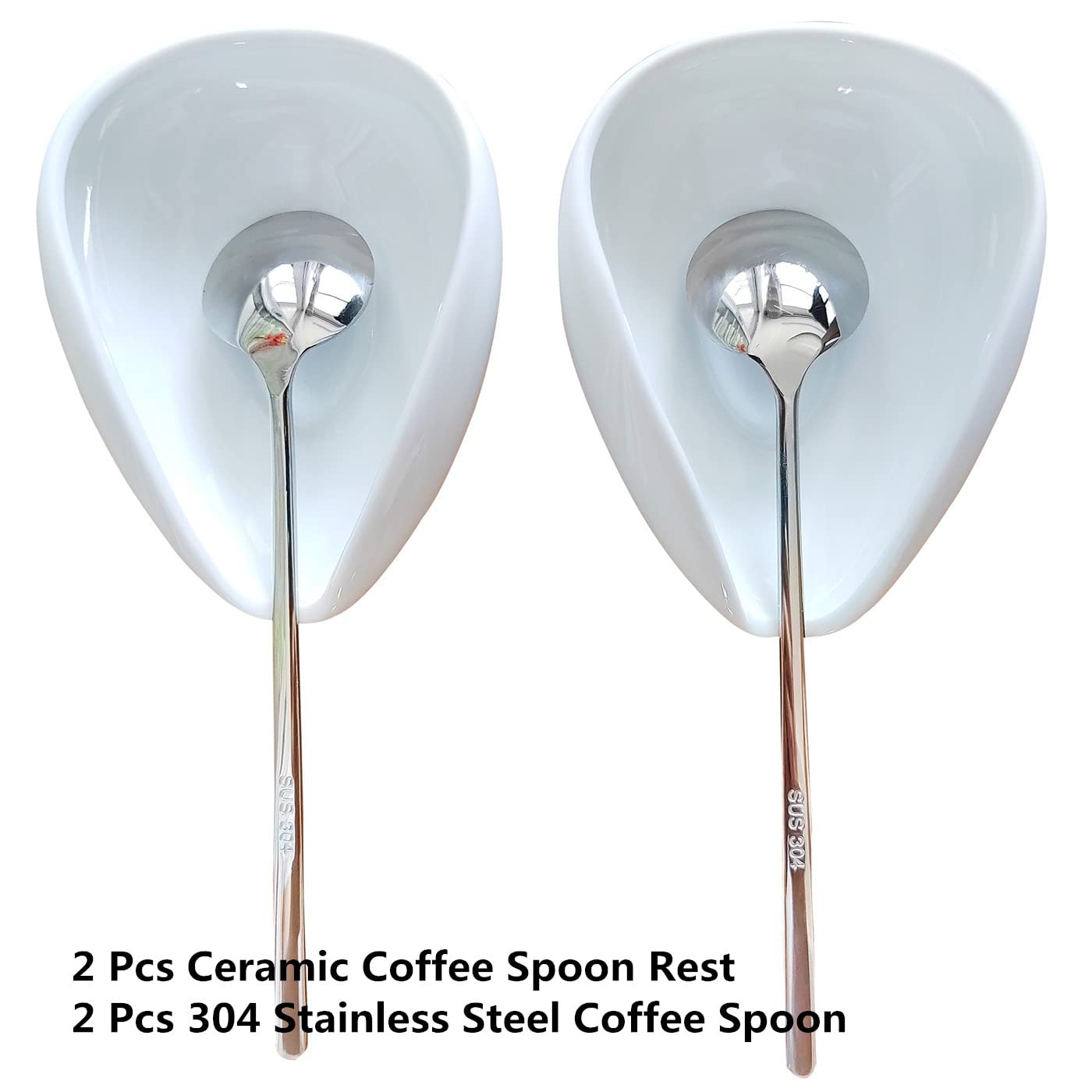 4PCS Ceramic Coffee Spoon Rest & Spoon Set - Bar Spoon & Teaspoon Holder for Coffee Stirrers - Coffee Bar Accessories & Kitchen Décor (2 Silver Spoons + 2 Spoon Rests) - Perfect for Coffee Stations, Tea Time & Home Decor