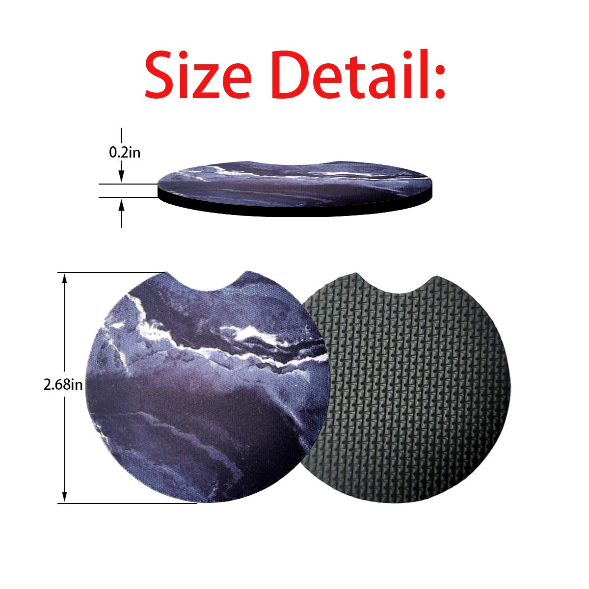2 Pack Absorbent Car Coasters for Drinks - 2.75 Inch Cute Blue Marble Cup Holder Coasters for Women & Girls, Removable Car Interior Accessories for Coffee, Tea, and Beverages