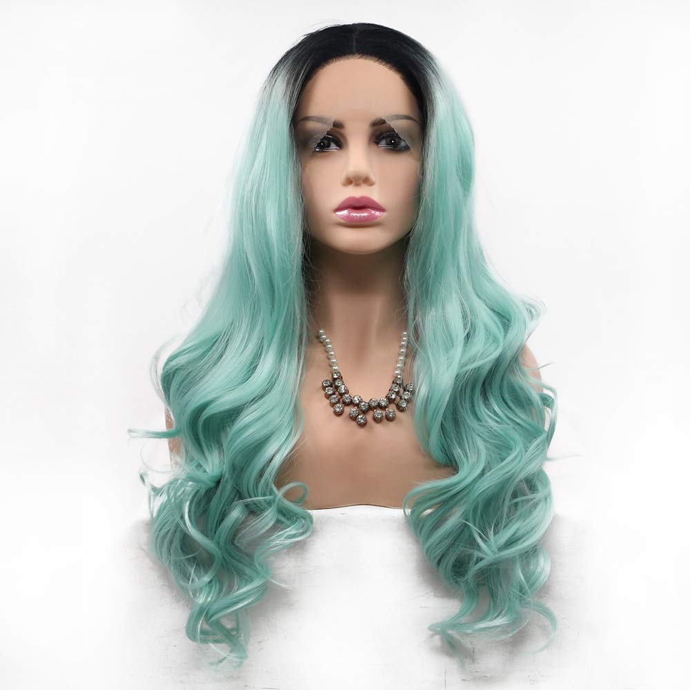 Warooma Long Curly Synthetic Lace Front Wig for Women - European & American Style Human Hair Wigs - Black to Green Ombre Gradient - Perfect for Cosplay, Parties & Daily Fashion