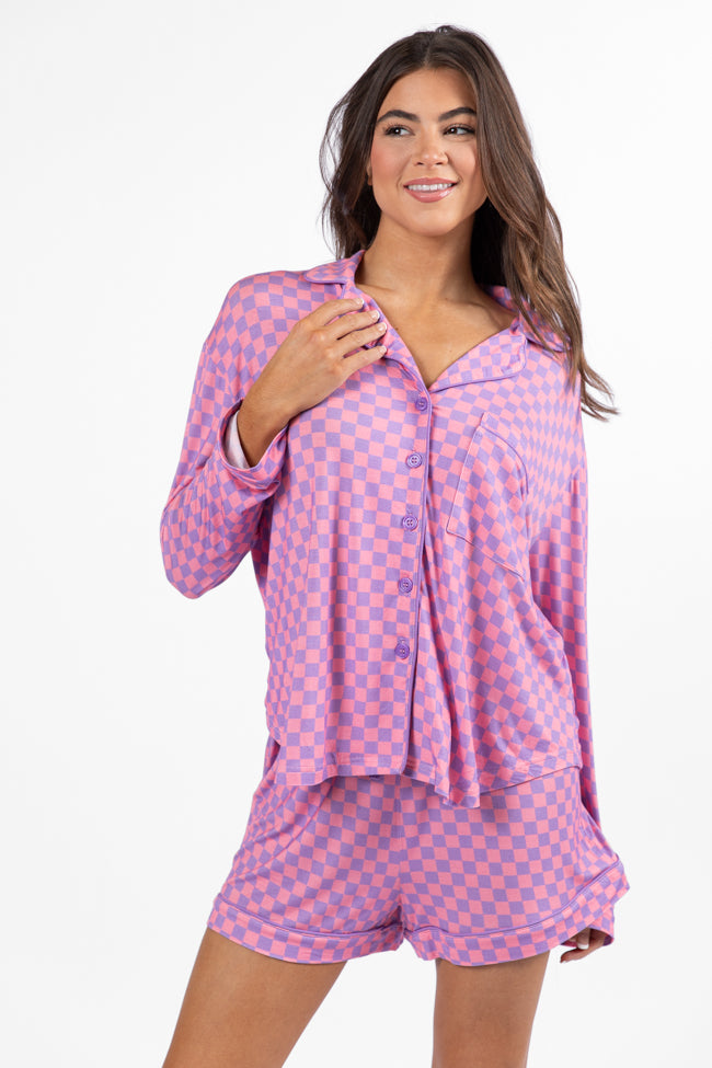 Light Pink and Lilac Checkered Long Sleeve Pajama Top for Women - Soft & Comfortable Sleepwear - Perfect for Cozy Nights, Loungewear, and Relaxing at Home