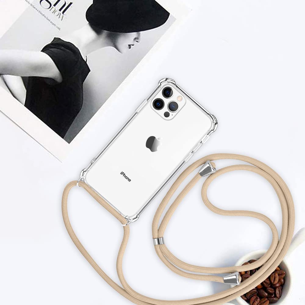 YESPURE Clear Adjustable Crossbody Phone Case for iPhone 12 Pro Max - Soft Slim Protective Cover with Shoulder Strap for Women & Girls | Perfect for Travel, Shopping, and Hands-Free Daily Use - Beige