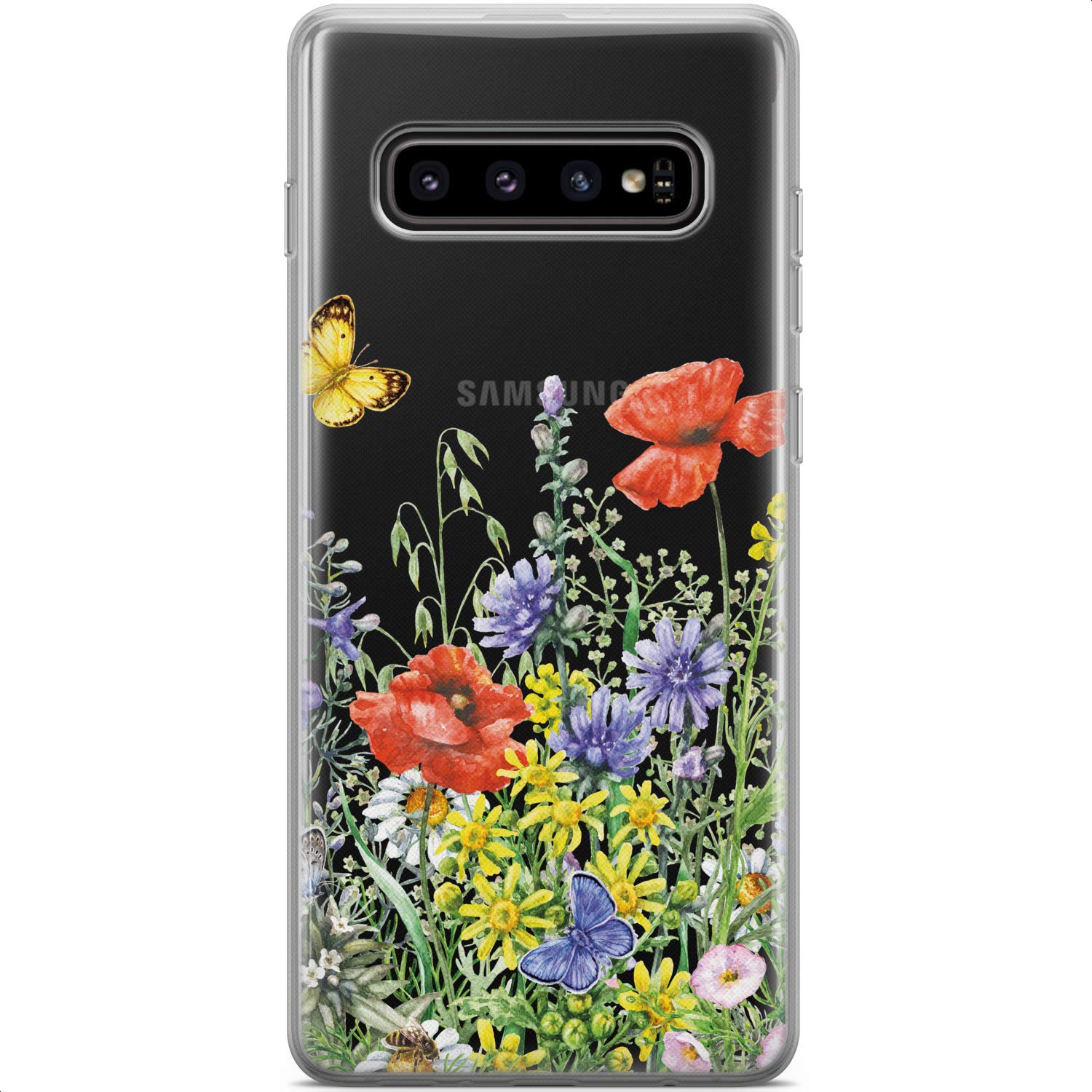 Samsung Galaxy S24 S23 Ultra S22 5G Plus S21 FE S20 S10 Case - Floral Poppies Butterfly Design Slim Silicone Cover | Lightweight Flexible Protective Phone Case | Perfect for Summer Outdoors, Travel & Daily Use