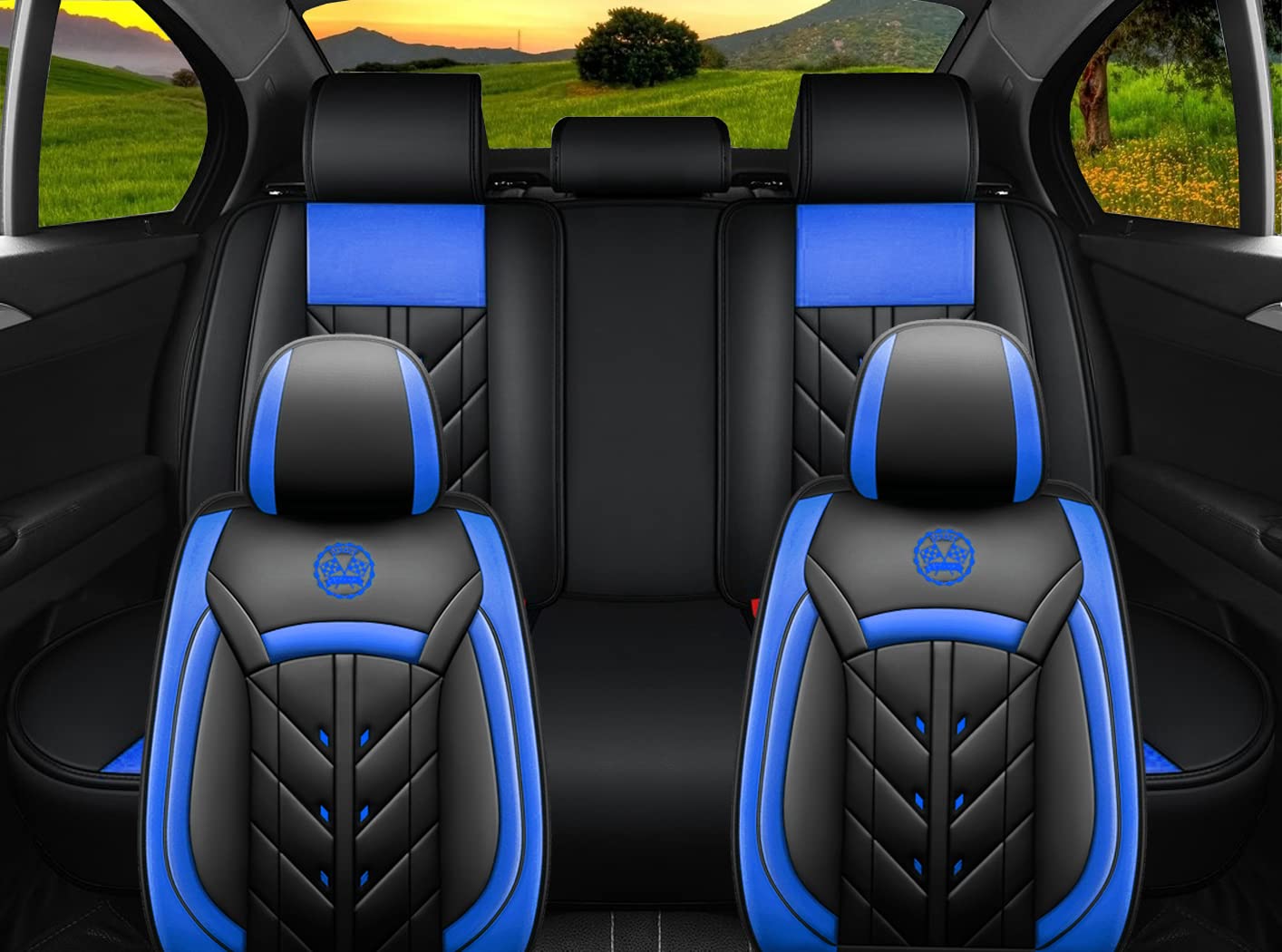 Universal 5-Seat Car Seat Covers Full Set - Synthetic Leather Airbag-Compatible Protectors for Most Cars & SUVs (Black & Blue) | Perfect for Family Road Trips, Daily Commutes & Pet Protection