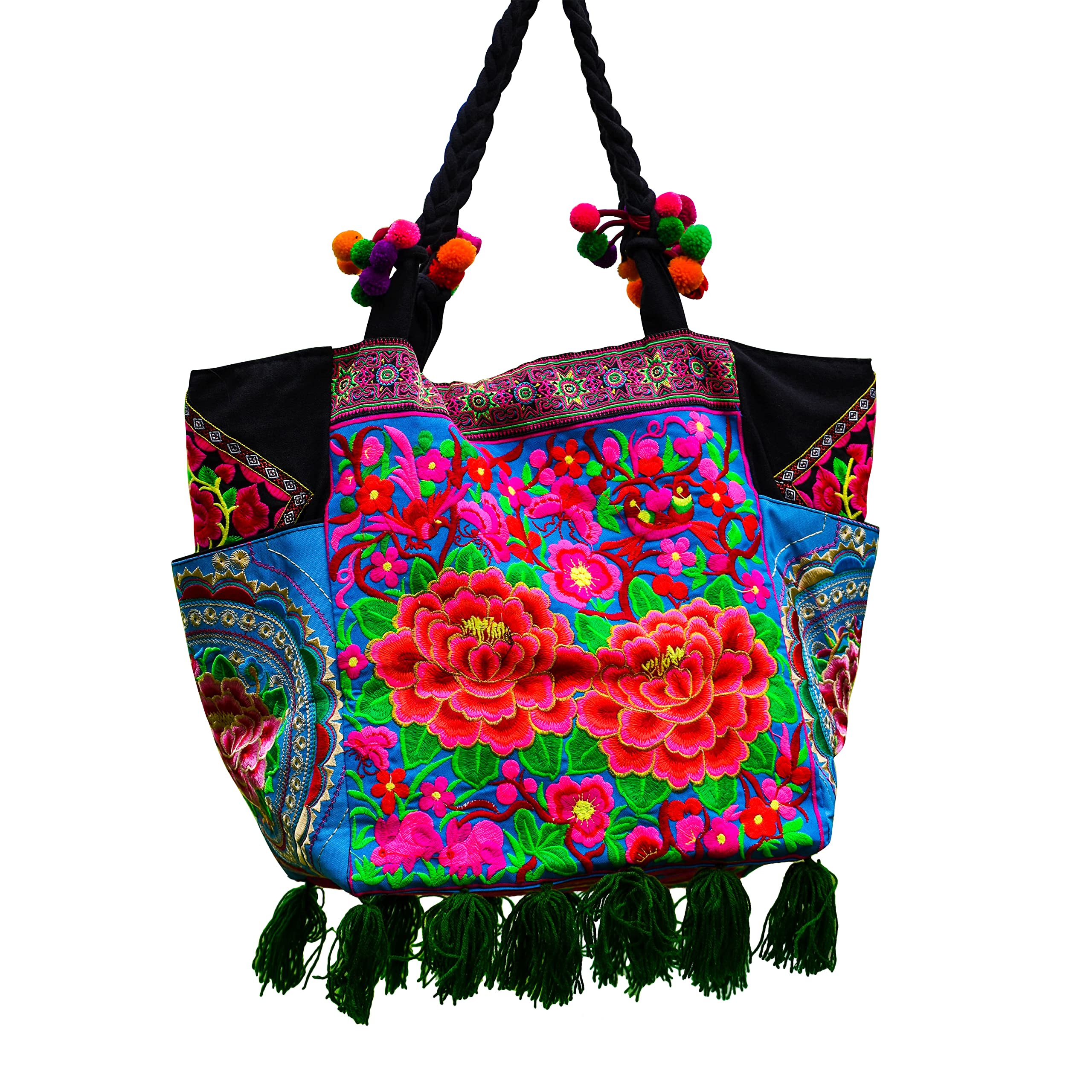 Handmade Hmong Embroidered Shoulder Bag - Blue & Pink Floral Ethnic Tote for Women | Hippie Boho Woven Cloth Purse | Perfect for Farmers Market, Beach Day & Festival Fashion Accessory