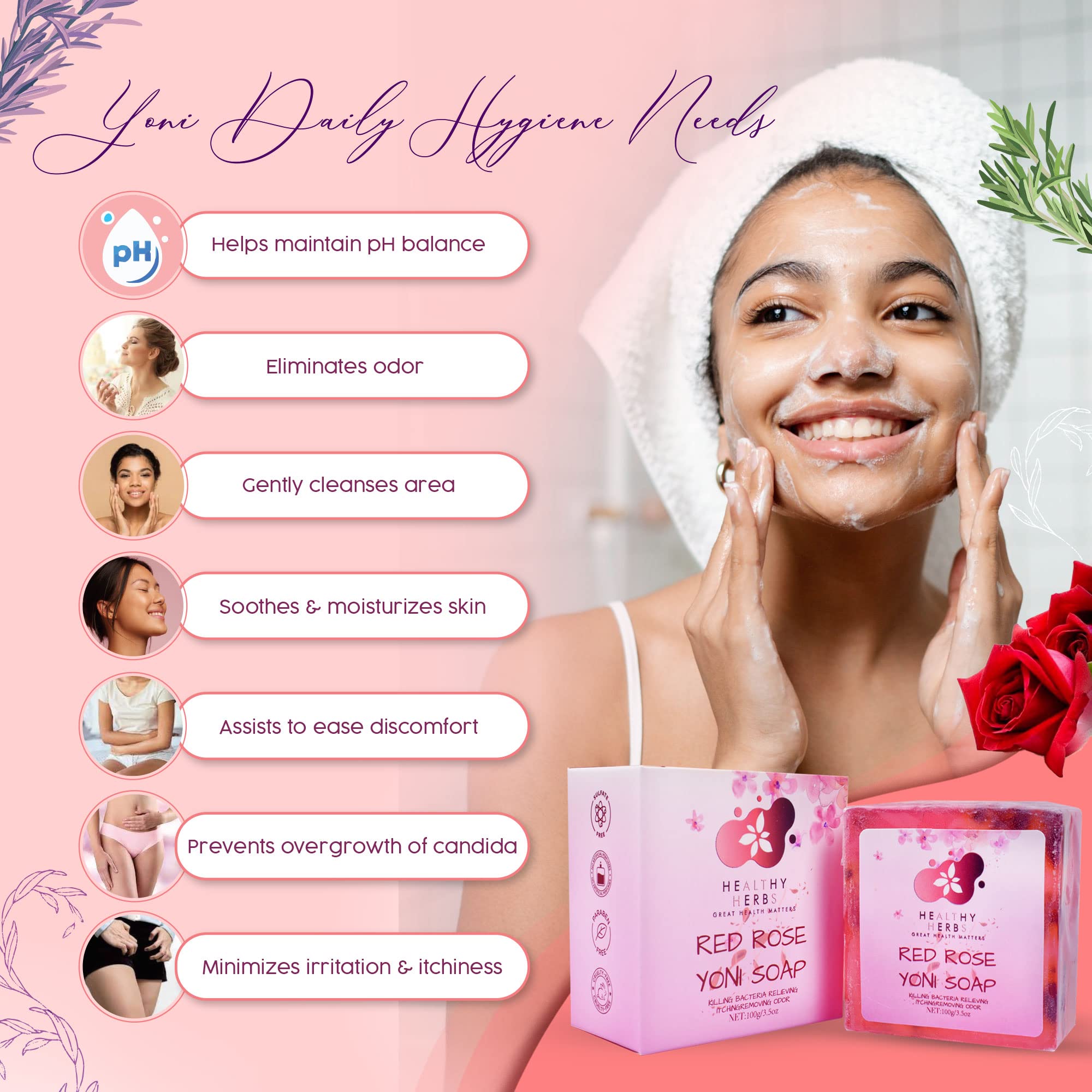 Organic Yoni Soap for Women - 100% Natural Feminine Wash Bar (3.5 oz) with pH Balance | Handmade Herbal Soap with Red Rose Extract | Eliminates Odor & Supports Vaginal Health | Perfect for Daily Intimate Care & Post-Workout Freshness