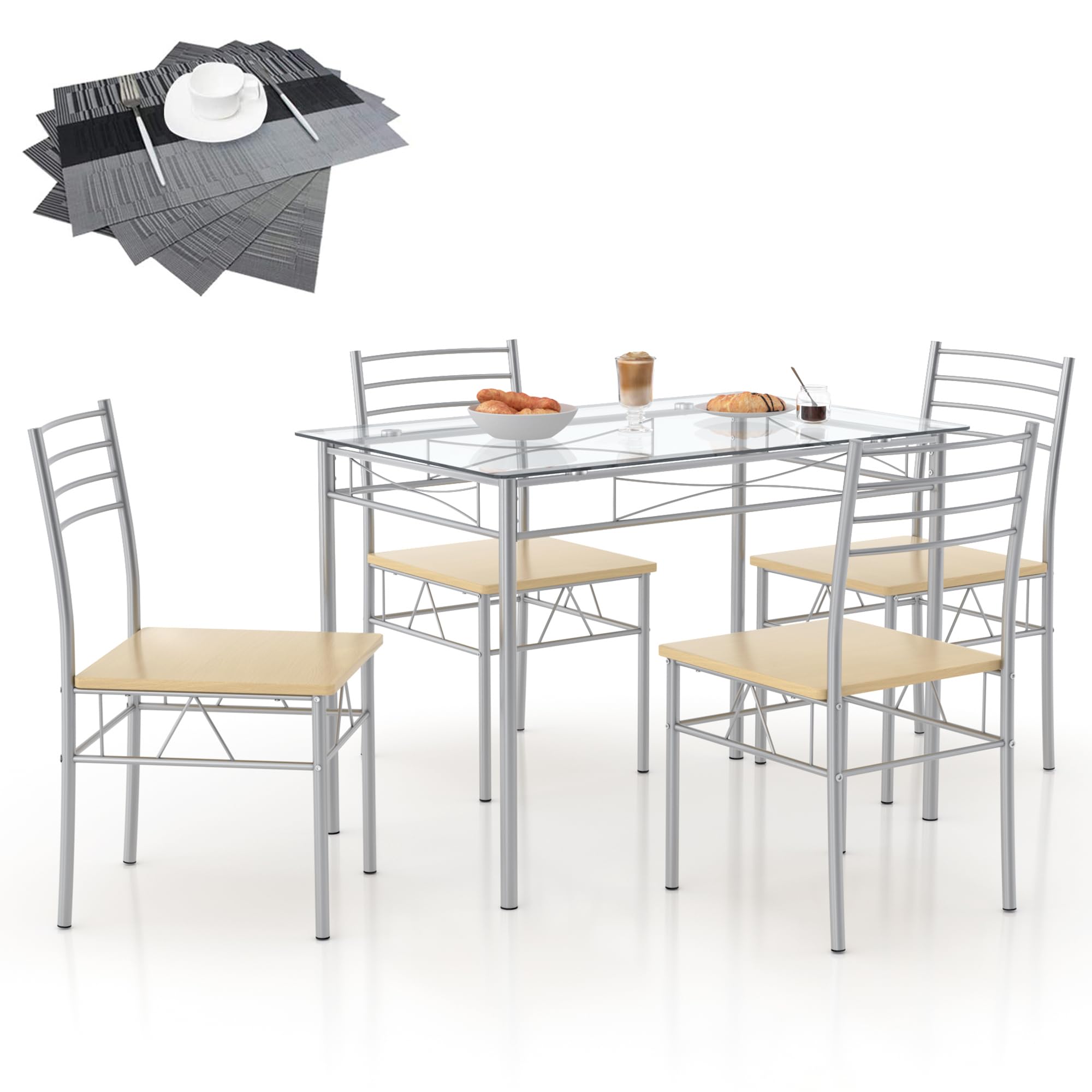 VECELO 5-Piece Dining Table Set for 4 with Modern Chairs & Tempered Glass Tabletop - Space-Saving Silver Design for Small Apartments, Breakfast Nooks & Cozy Kitchenettes
